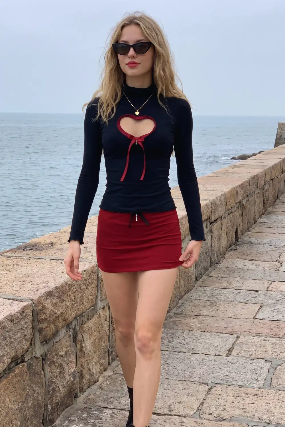 Woman in black ribbed heart cutout bow tie long sleeve top with dark red burgundy mini skirt and black boots