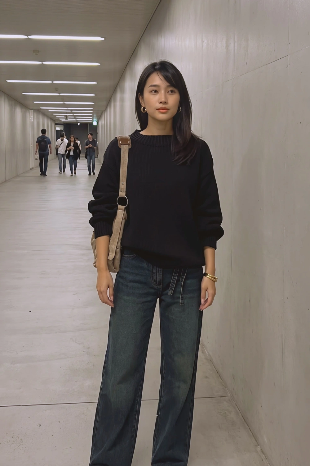 Woman in black oversized crew neck knit sweater with dark wash wide leg jeans