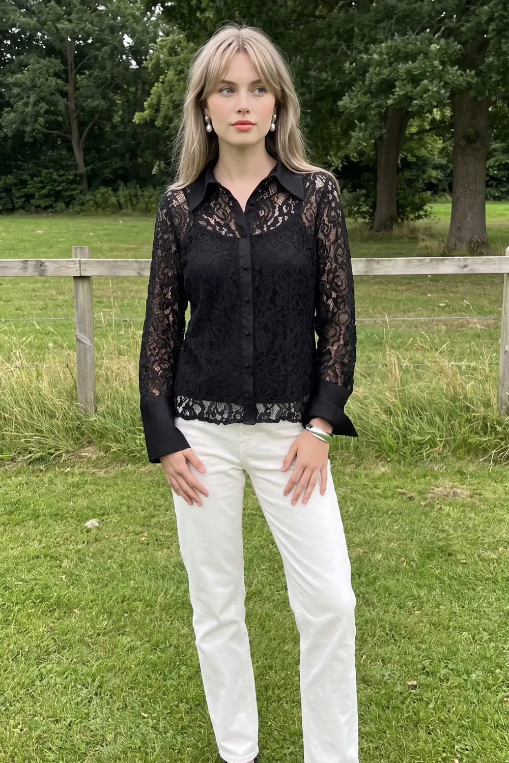 Woman in black sheer lace collared button shirt with white straight leg jeans