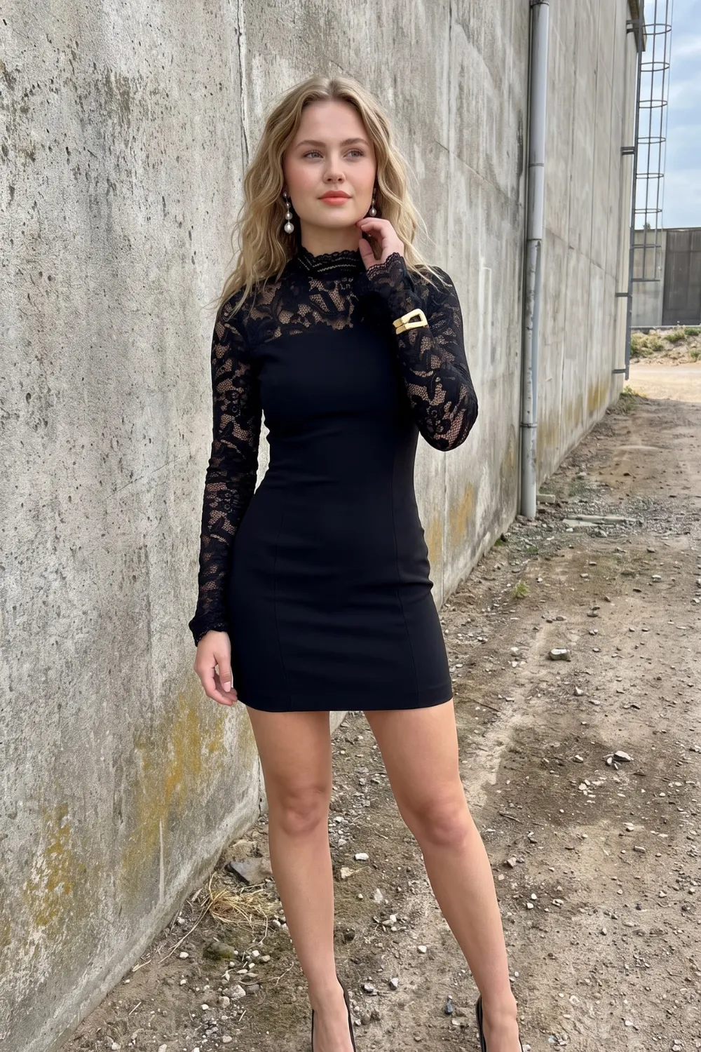 Woman in black lace high neck long sleeve mini dress