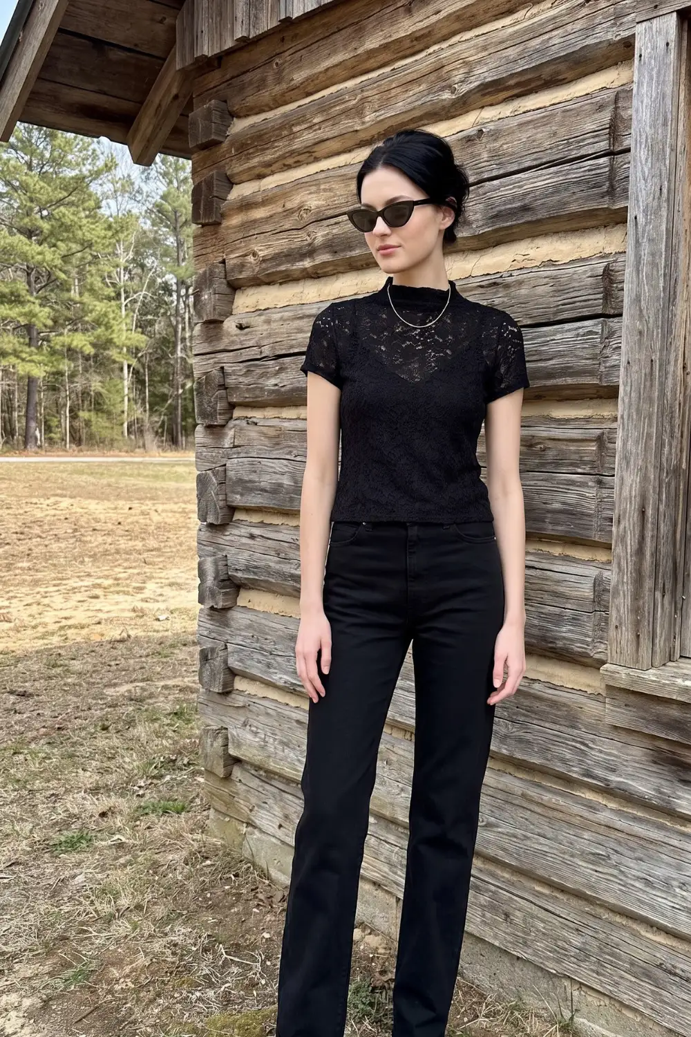 Woman in black sheer lace mock neck short sleeve top with black straight leg jeans