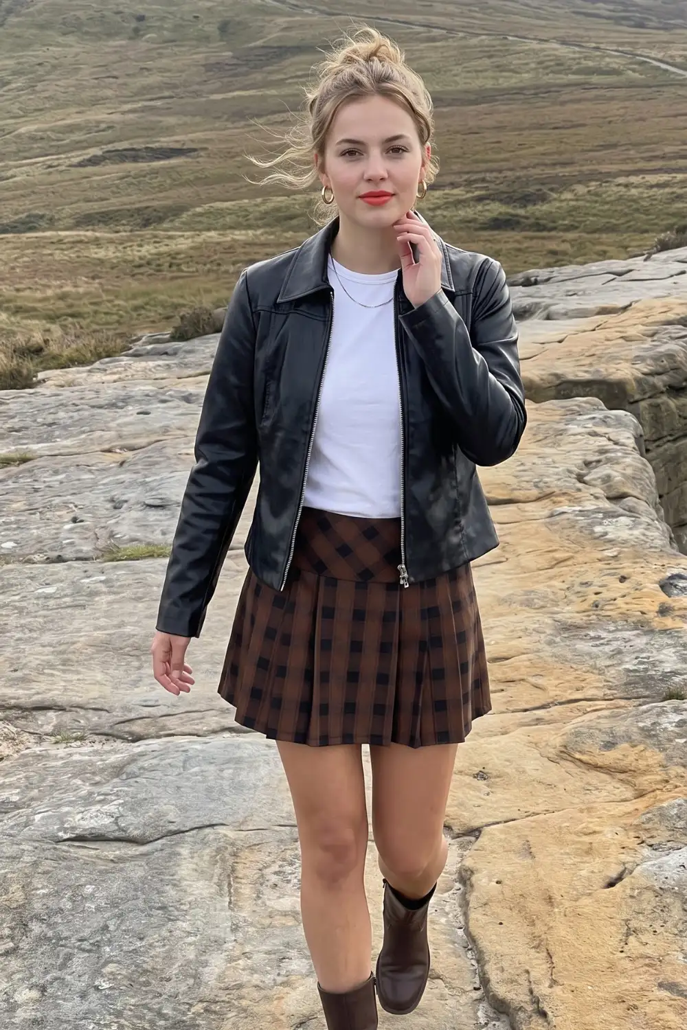 Woman in black leather jacket with white tee and brown plaid pleated mini skirt and dark boots