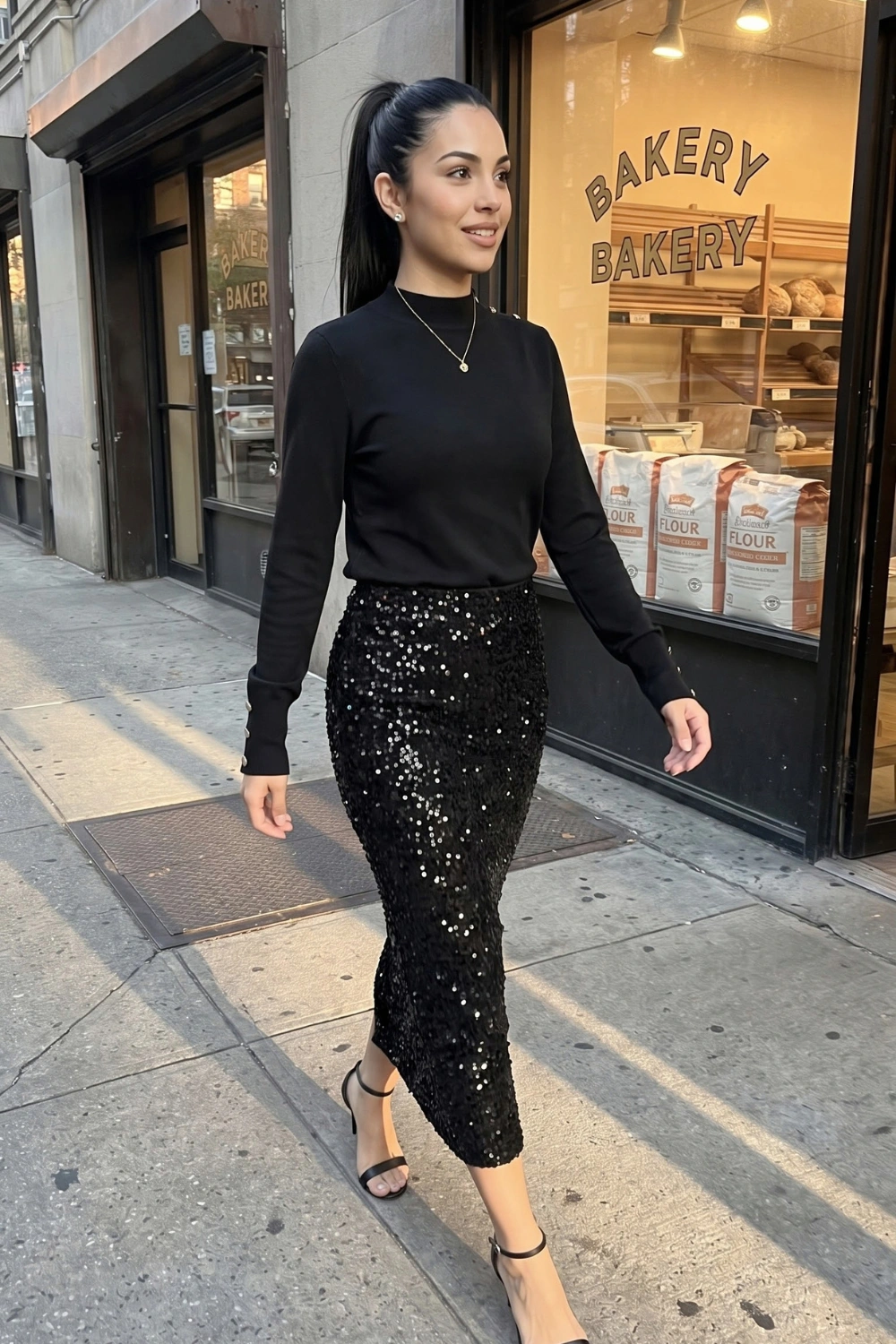 Woman in black mock neck long sleeve top with black sequin midi pencil skirt and black strappy heels
