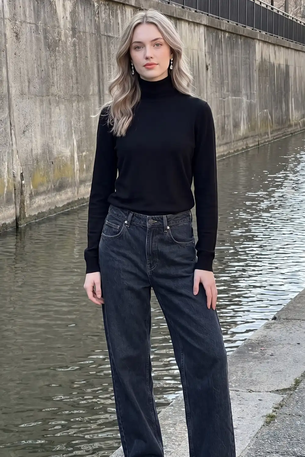 Woman in black fitted turtleneck sweater with black wide leg denim jeans