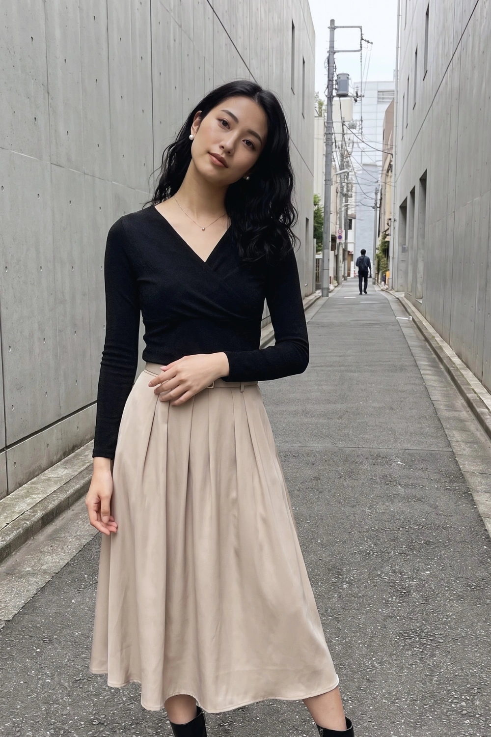 Woman in black v-neck wrap long sleeve knit top with beige pleated satin midi skirt