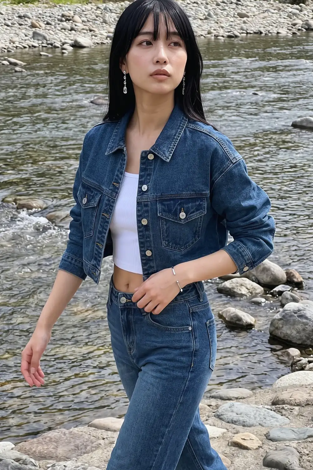 Woman in medium blue cropped denim jacket with white ribbed crop top and straight leg jeans