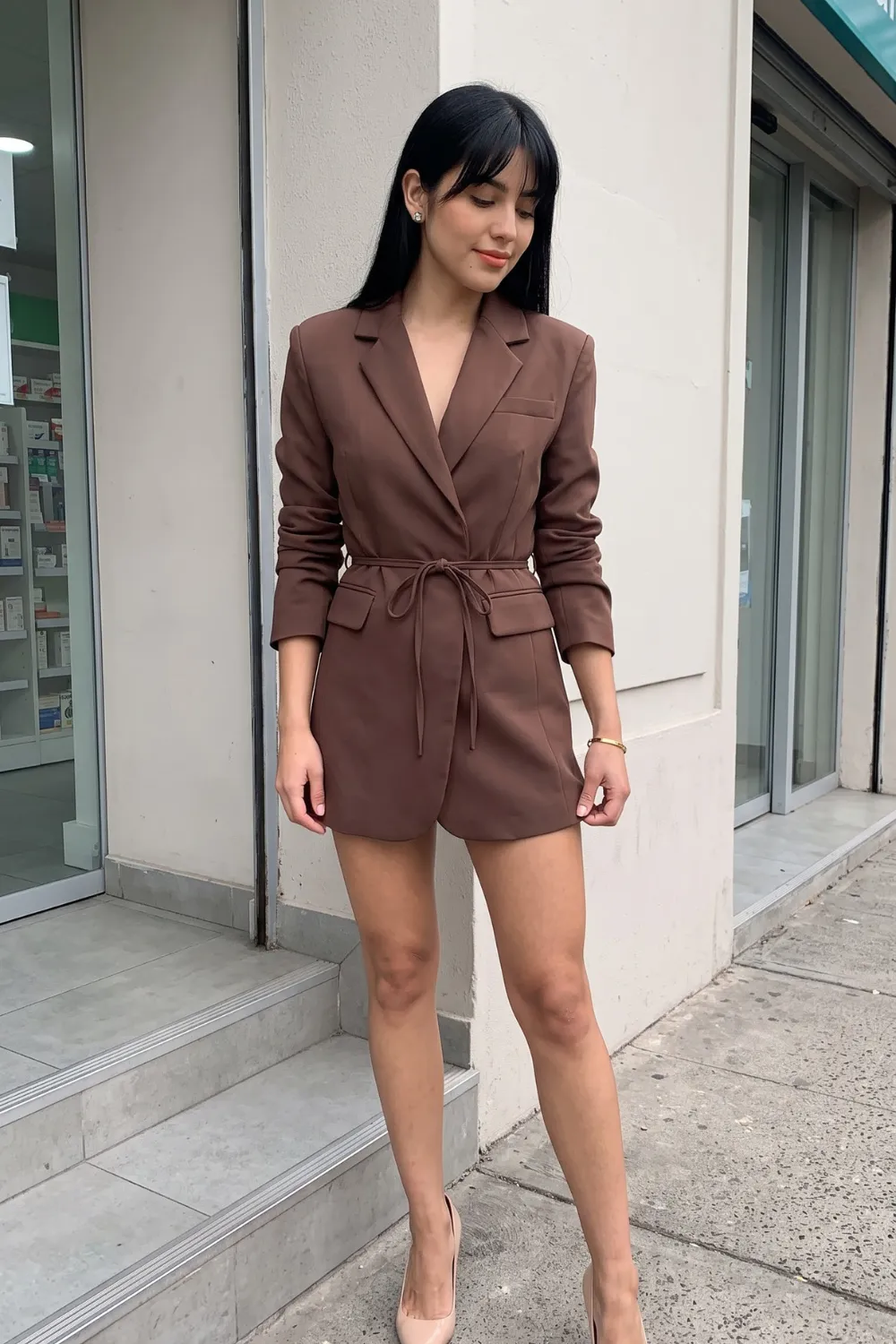 Woman in chocolate brown belted blazer mini dress with nude heels