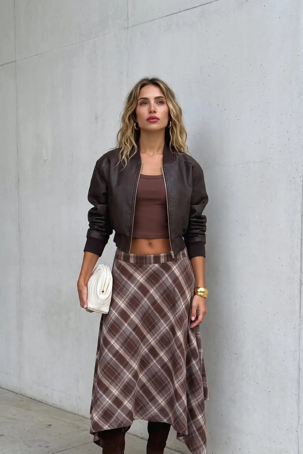 Woman in dark brown leather bomber jacket with brown crop top and brown plaid midi skirt
