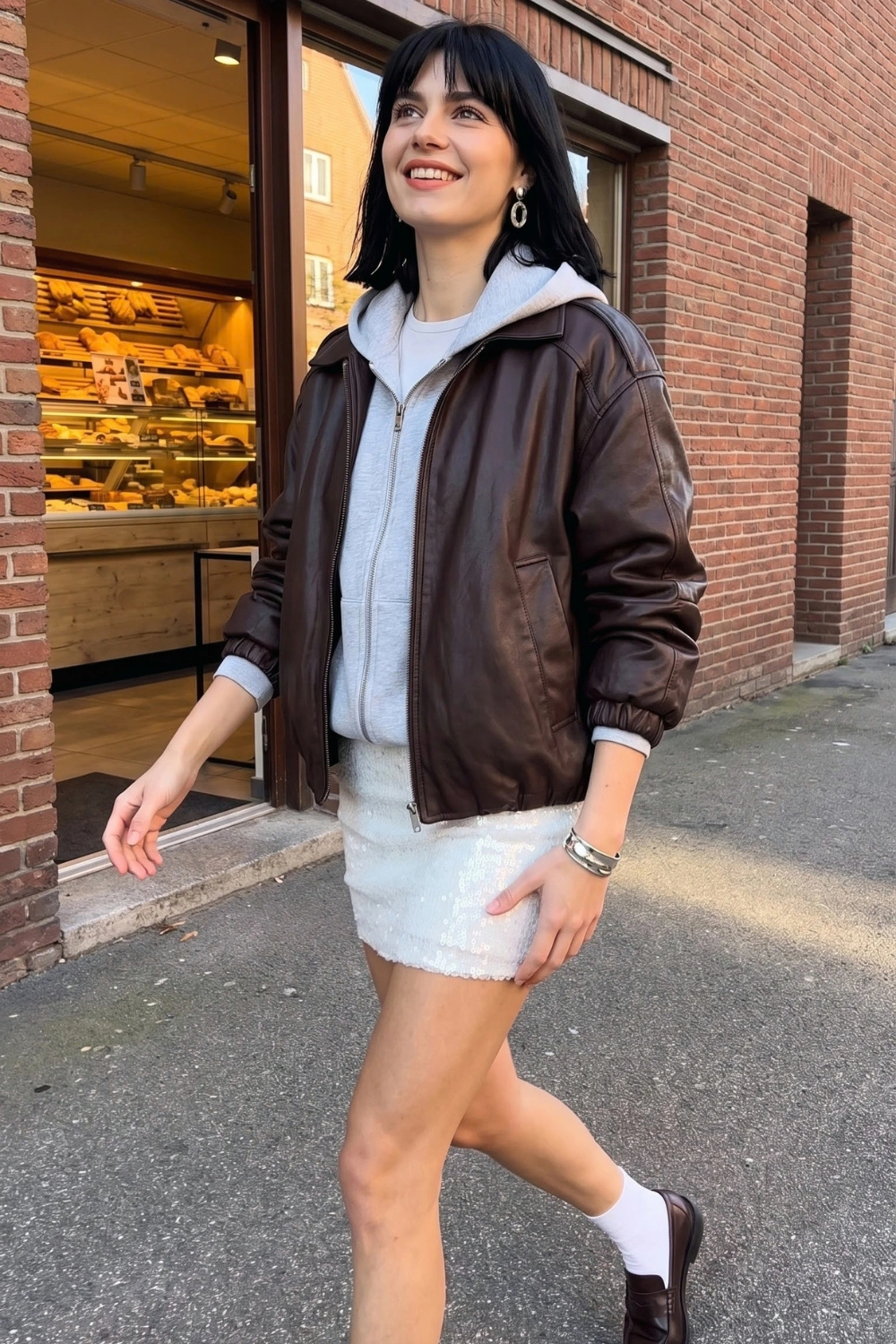 Woman in dark brown leather bomber jacket over grey hoodie with white iridescent sequin mini skirt and brown loafers