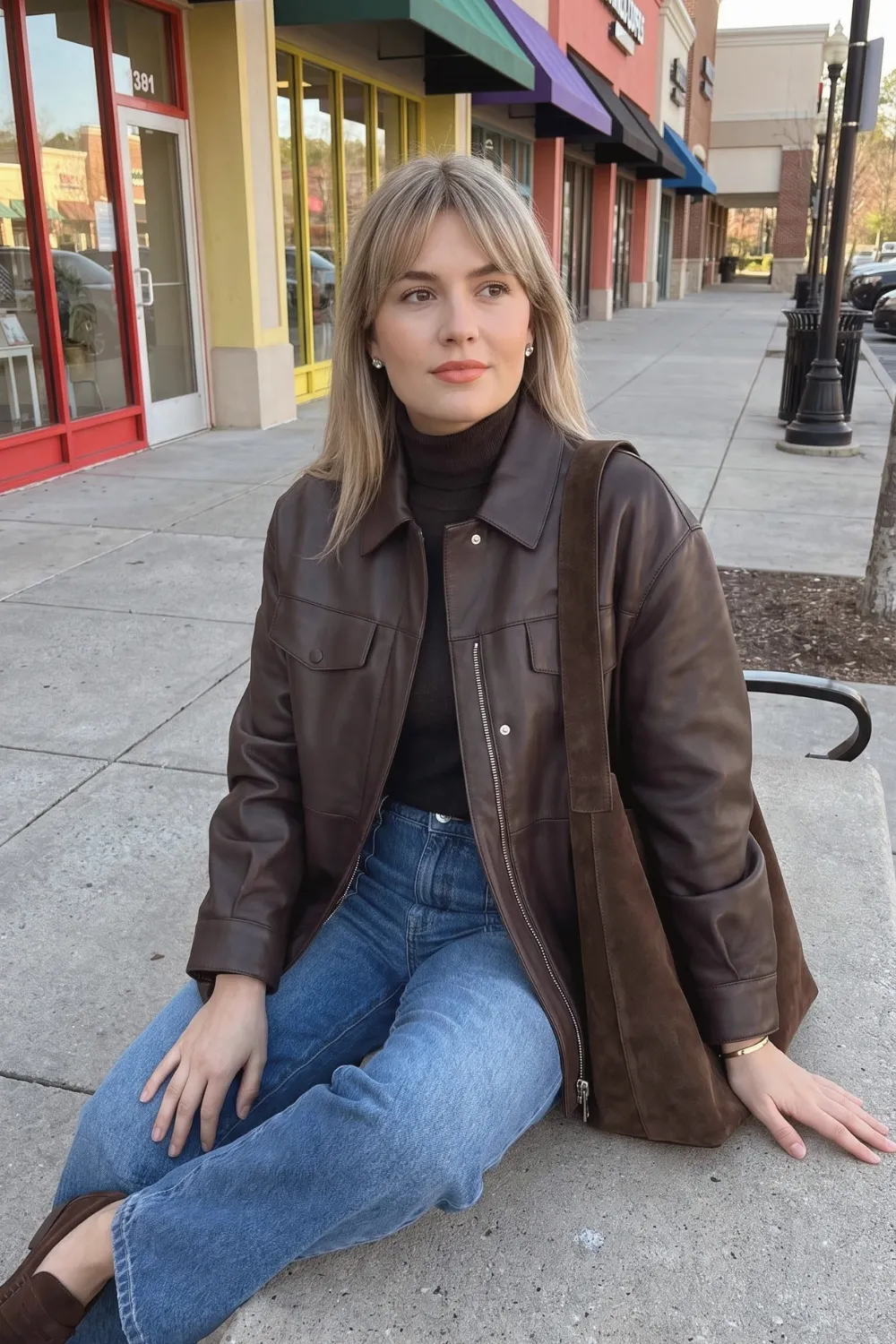 Woman in dark brown oversized leather jacket with black turtleneck and mid blue barrel jeans