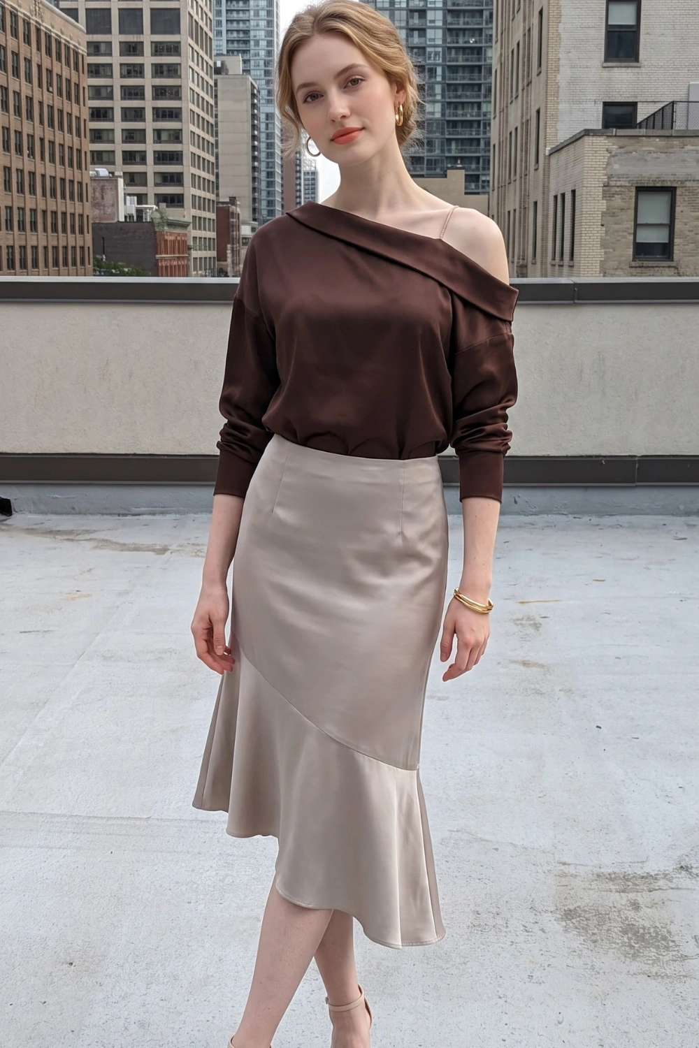 Woman in dark brown off shoulder satin top with champagne beige satin fishtail midi skirt