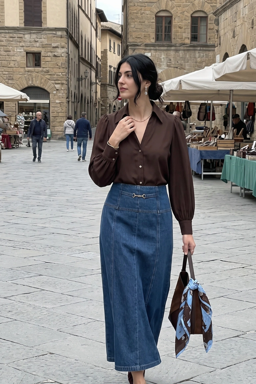 Woman in dark brown puff sleeve shirt and blue denim midi skirt
