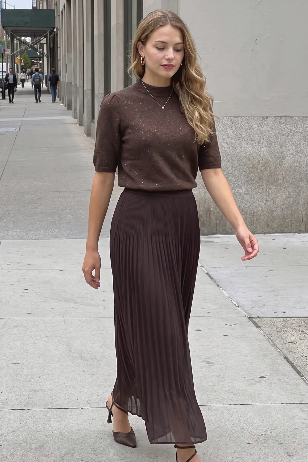 Woman in dark brown sparkle knit short sleeve top and dark brown pleated maxi skirt