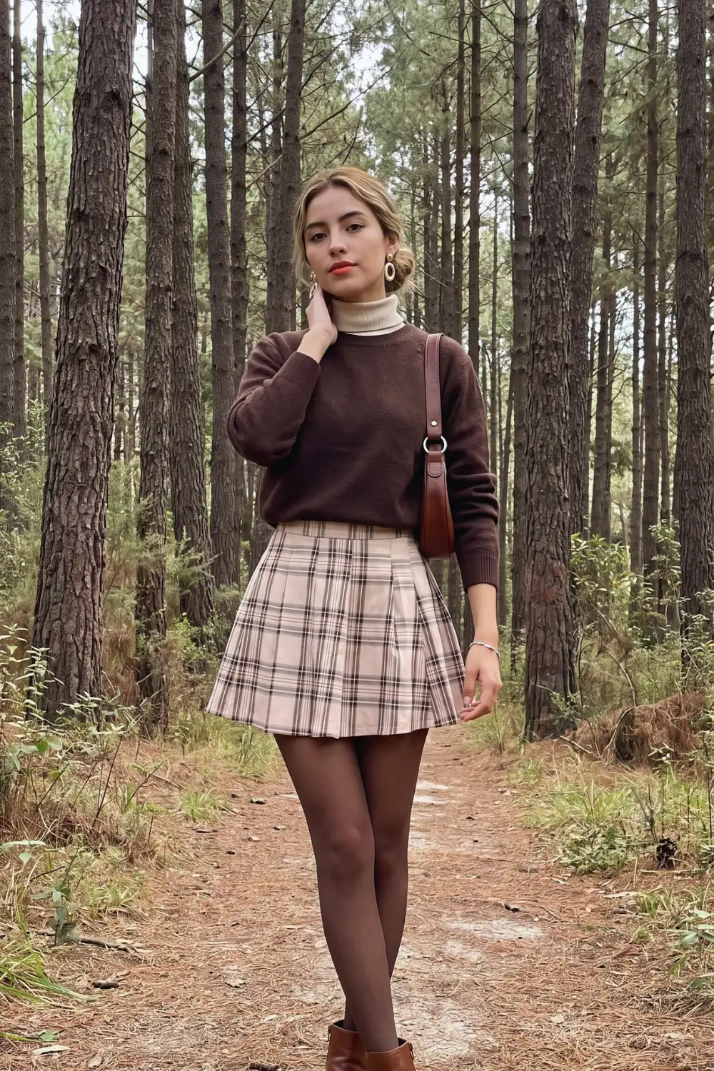Woman in dark brown turtleneck sweater with cream plaid pleated mini skirt and brown tights