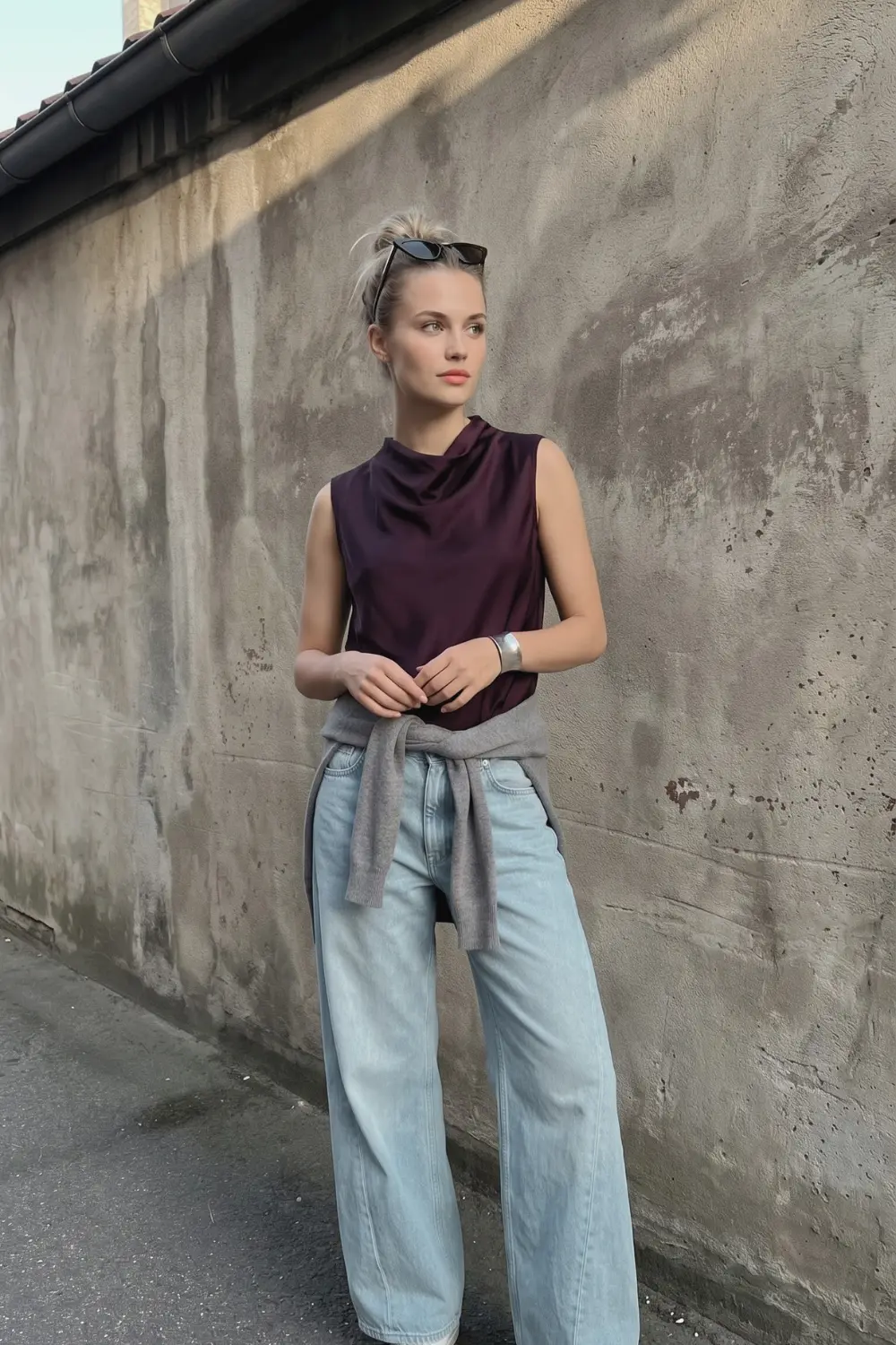 Woman in dark burgundy sleeveless draped neck top and light blue oversized wide leg jeans with grey knit tied at waist