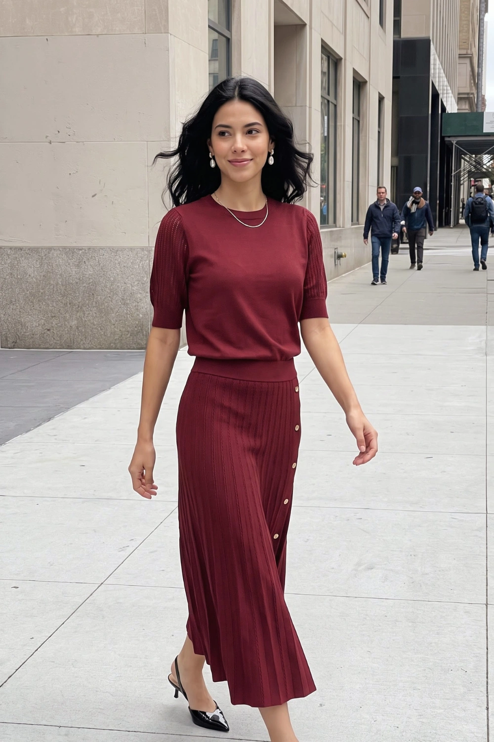 Woman in burgundy short sleeve knit top and burgundy ribbed button side midi skirt