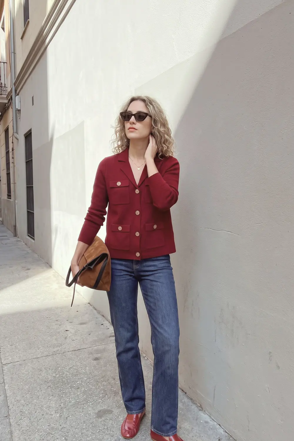 Woman in burgundy red knit button front jacket cardigan with medium wash straight leg jeans