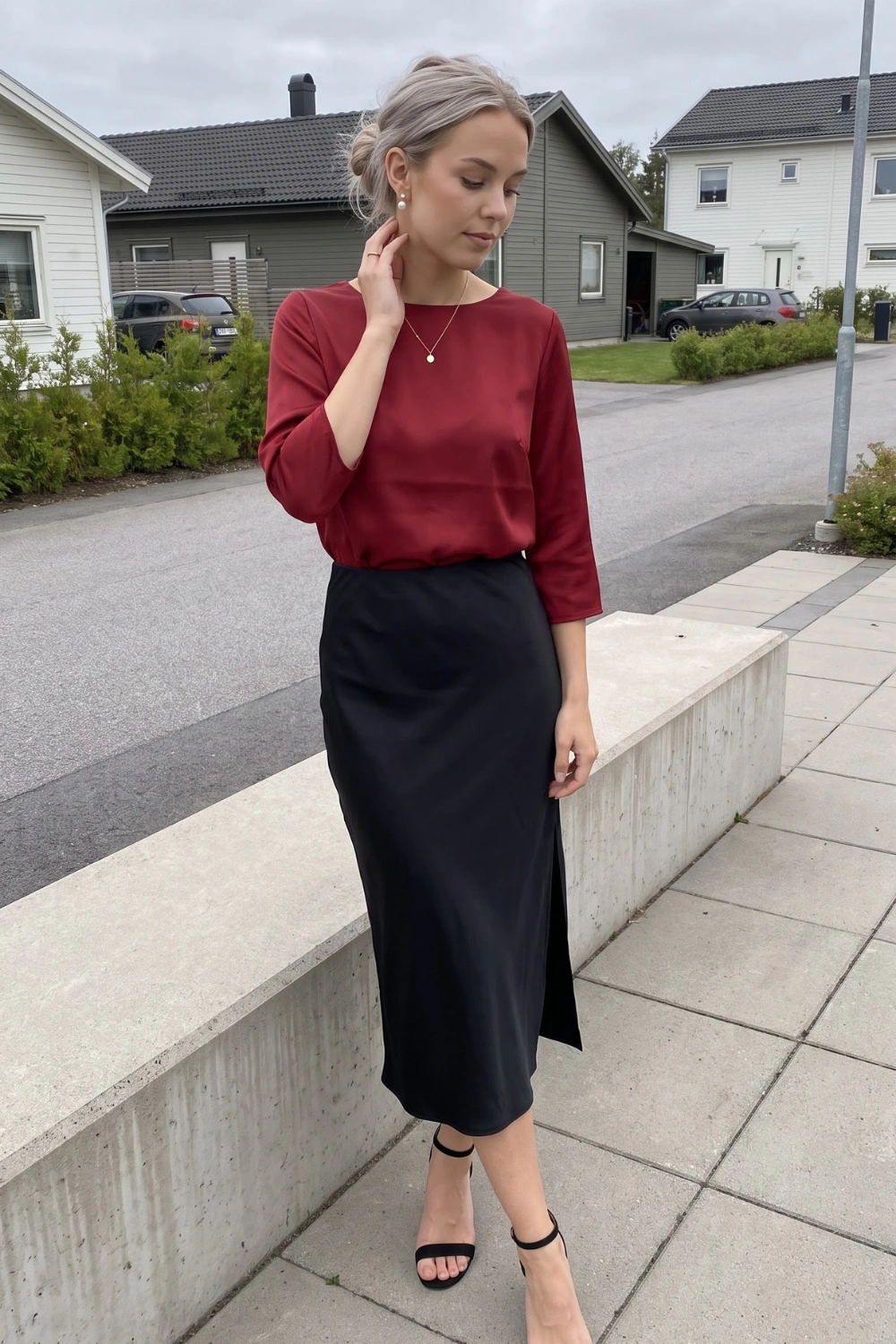 Woman in burgundy satin 3/4 sleeve top with black satin midi skirt