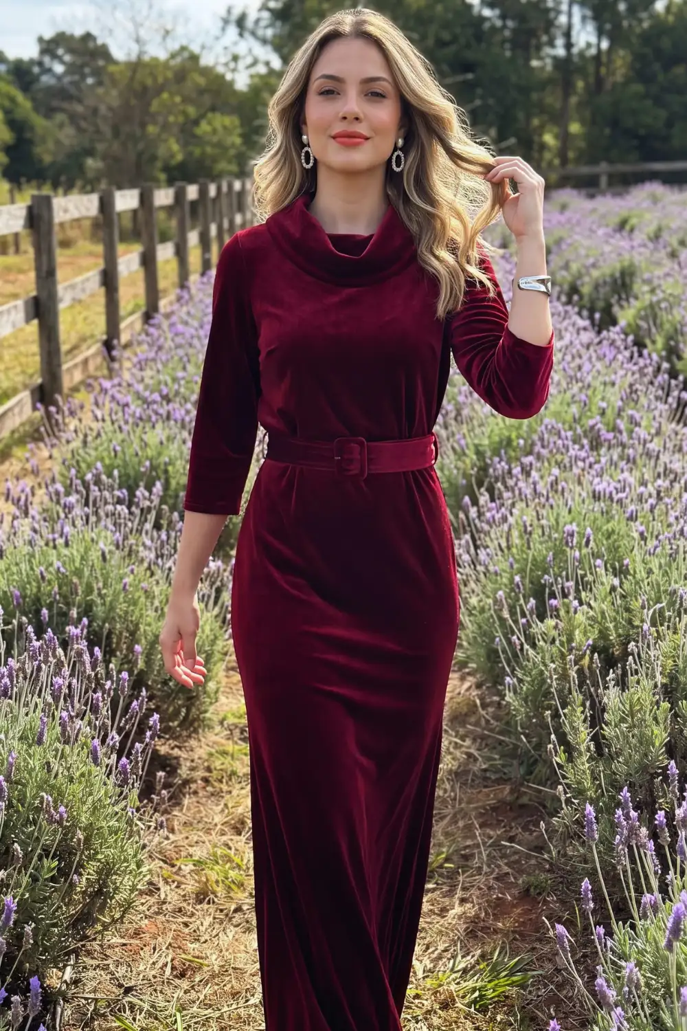 Woman in burgundy velvet cowl neck three quarter sleeve belted maxi dress