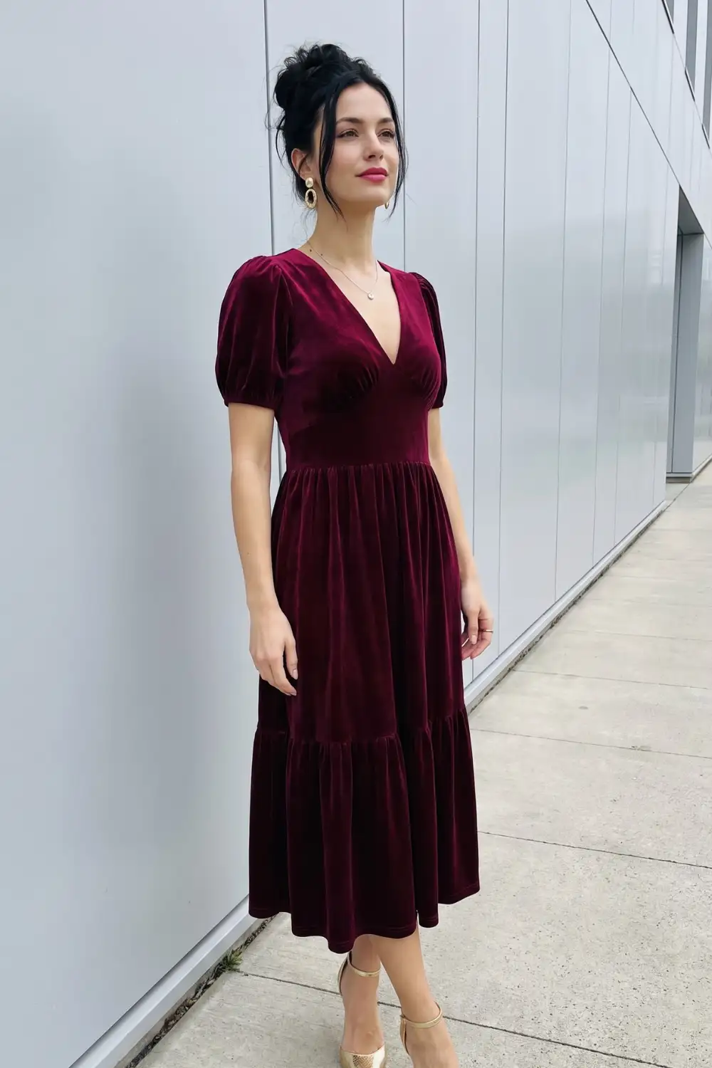Woman in burgundy velvet v-neck puff sleeve tiered midi dress with gold heeled sandals