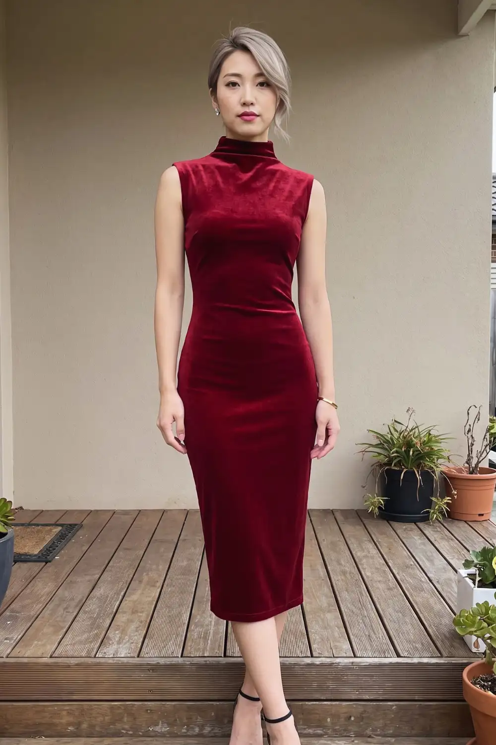 Woman in dark red velvet sleeveless mock neck fitted midi dress with black strappy heels