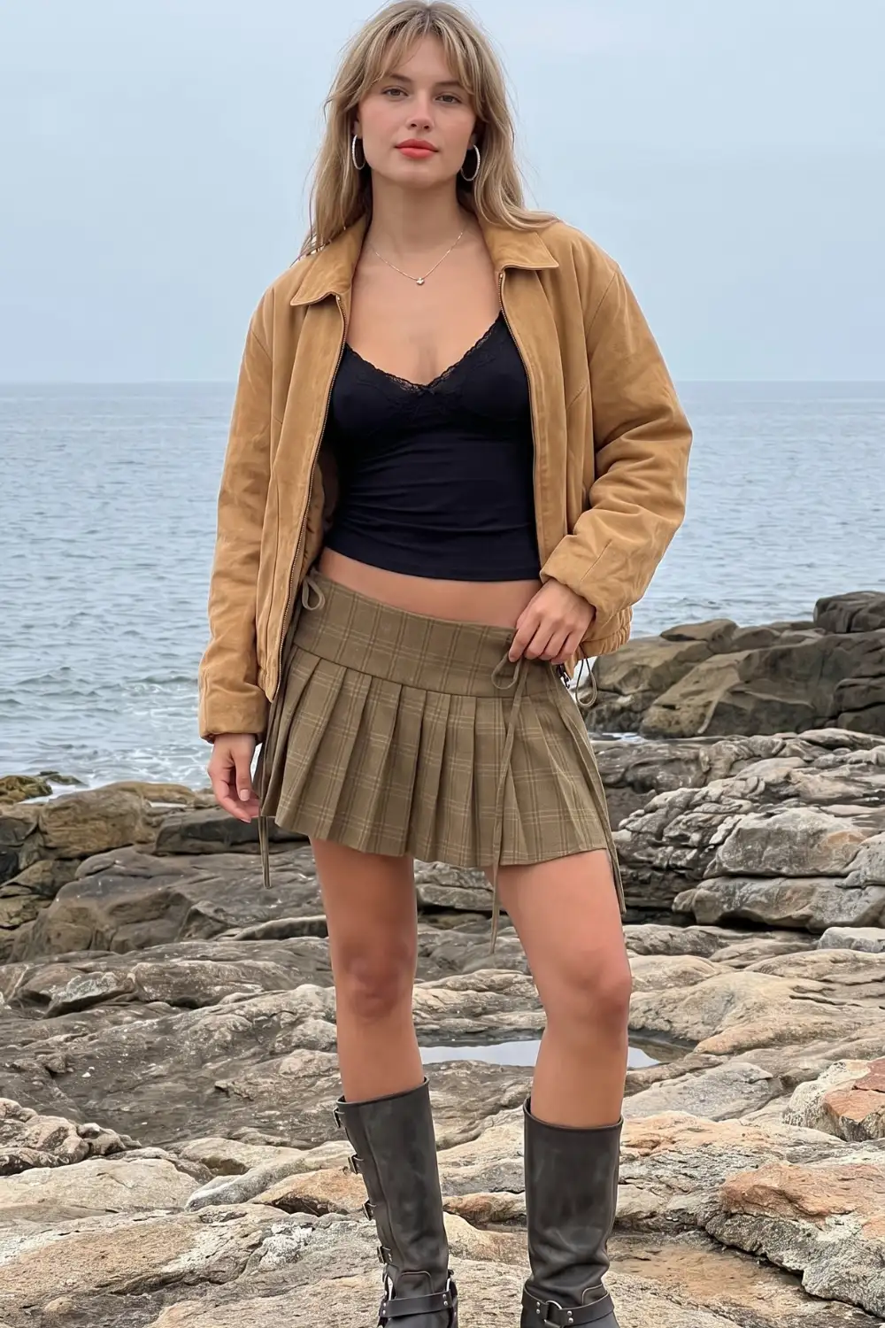 Woman in camel suede bomber jacket with black crop top and olive plaid pleated mini skirt and grey boots