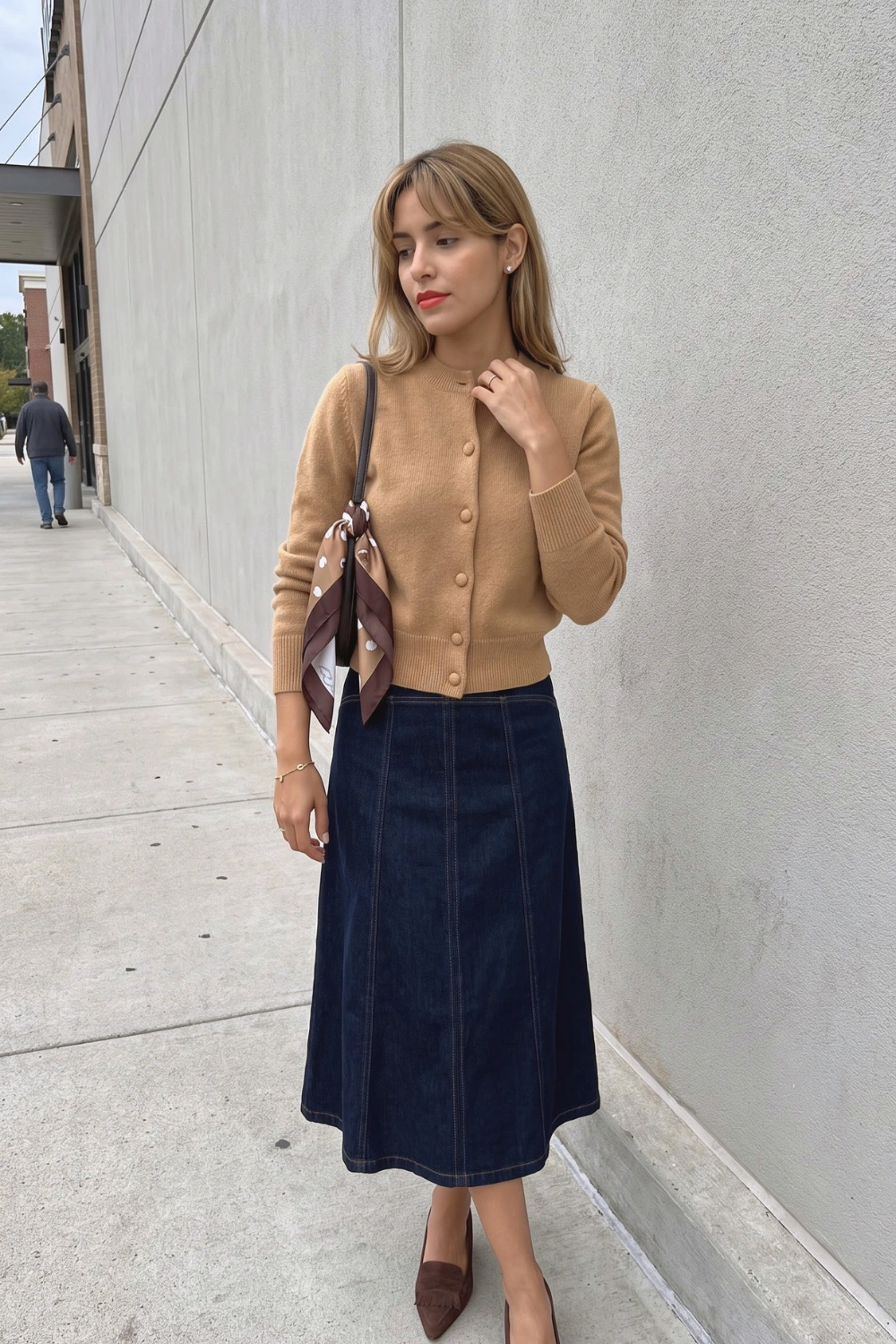 Woman in camel button front cardigan and dark navy denim a-line midi skirt
