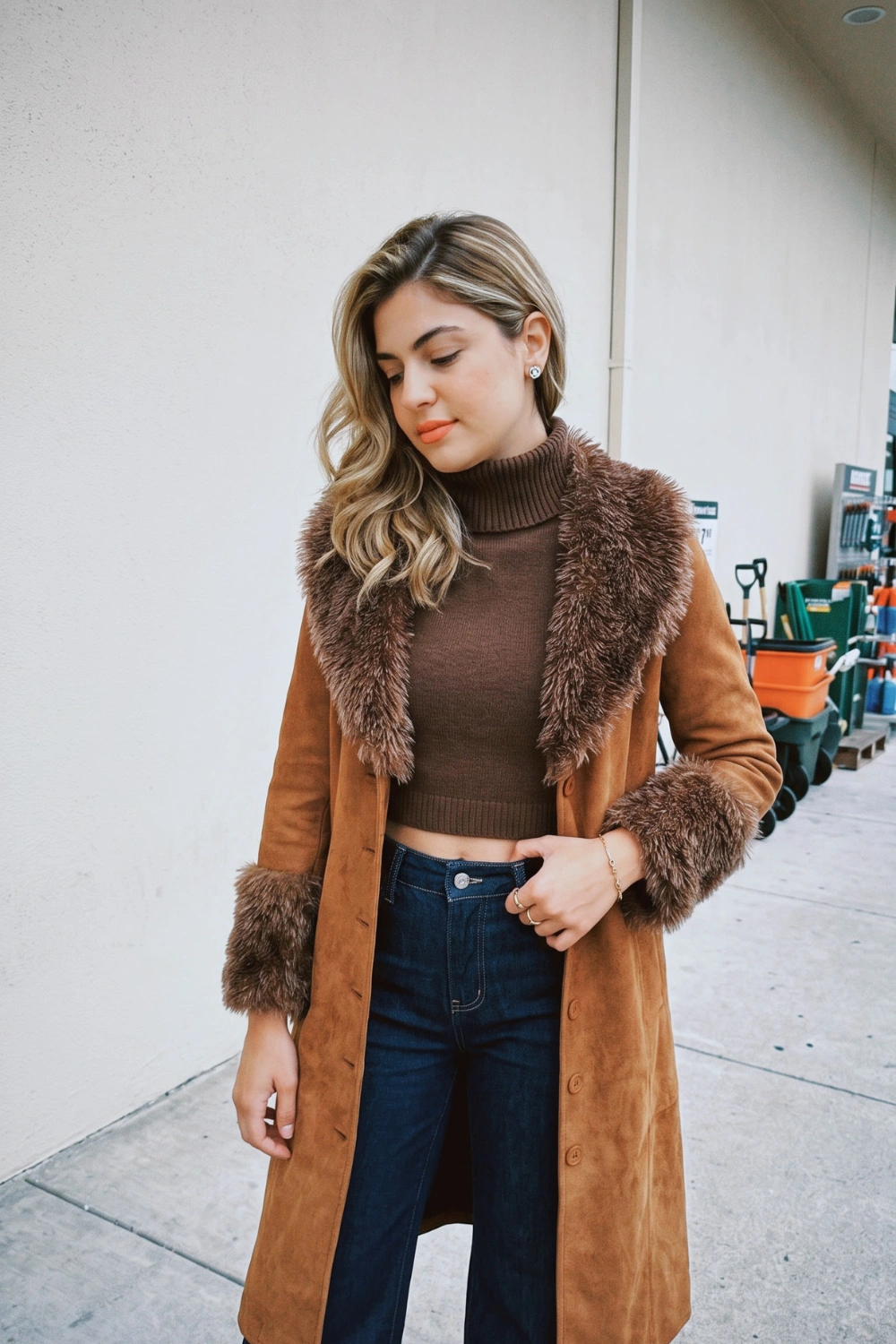 Woman in tan camel suede faux fur trim long coat with dark brown cropped turtleneck and dark wash flare jeans