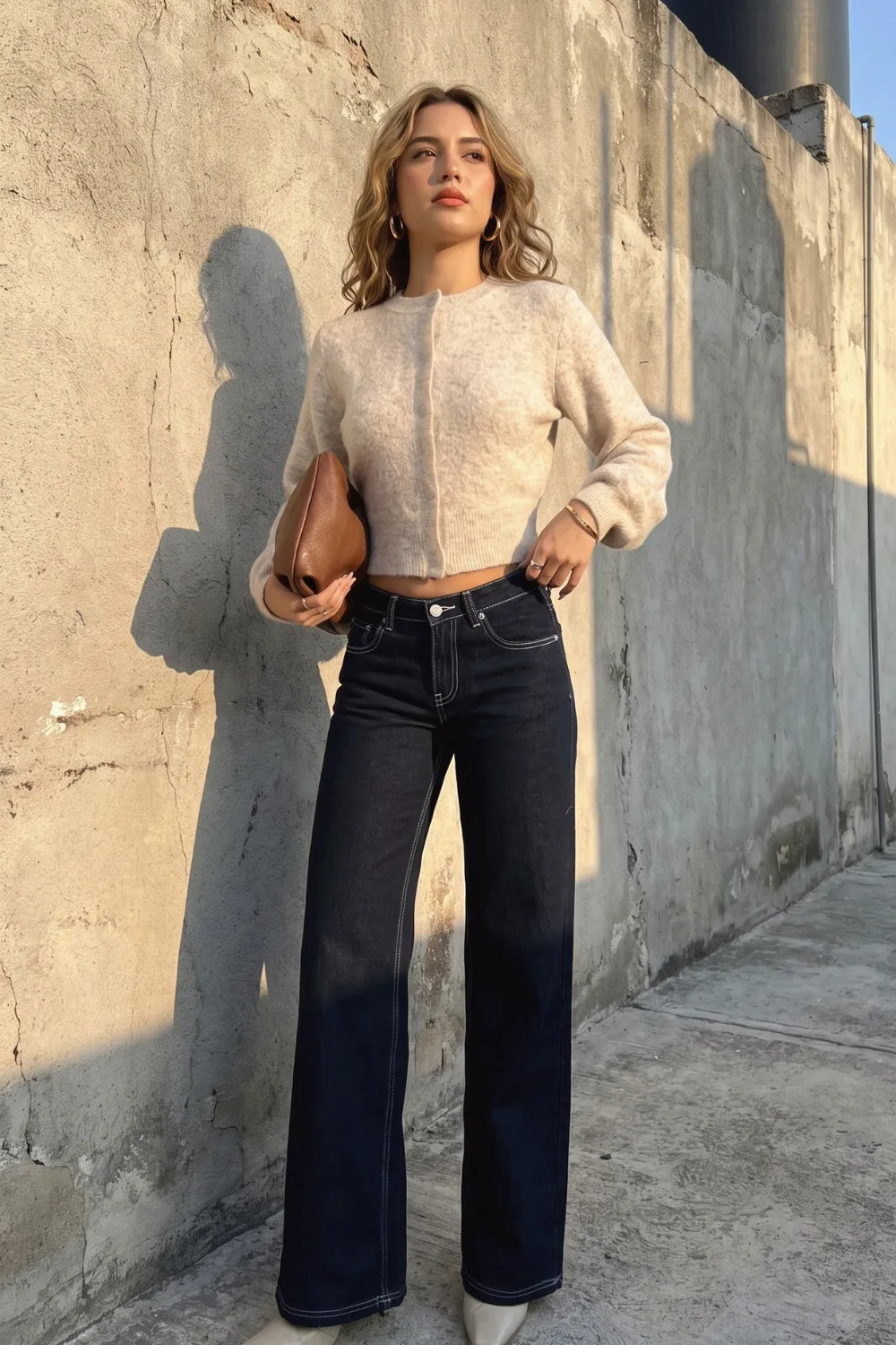 Woman in cream cropped fluffy knit cardigan with dark navy wide leg jeans