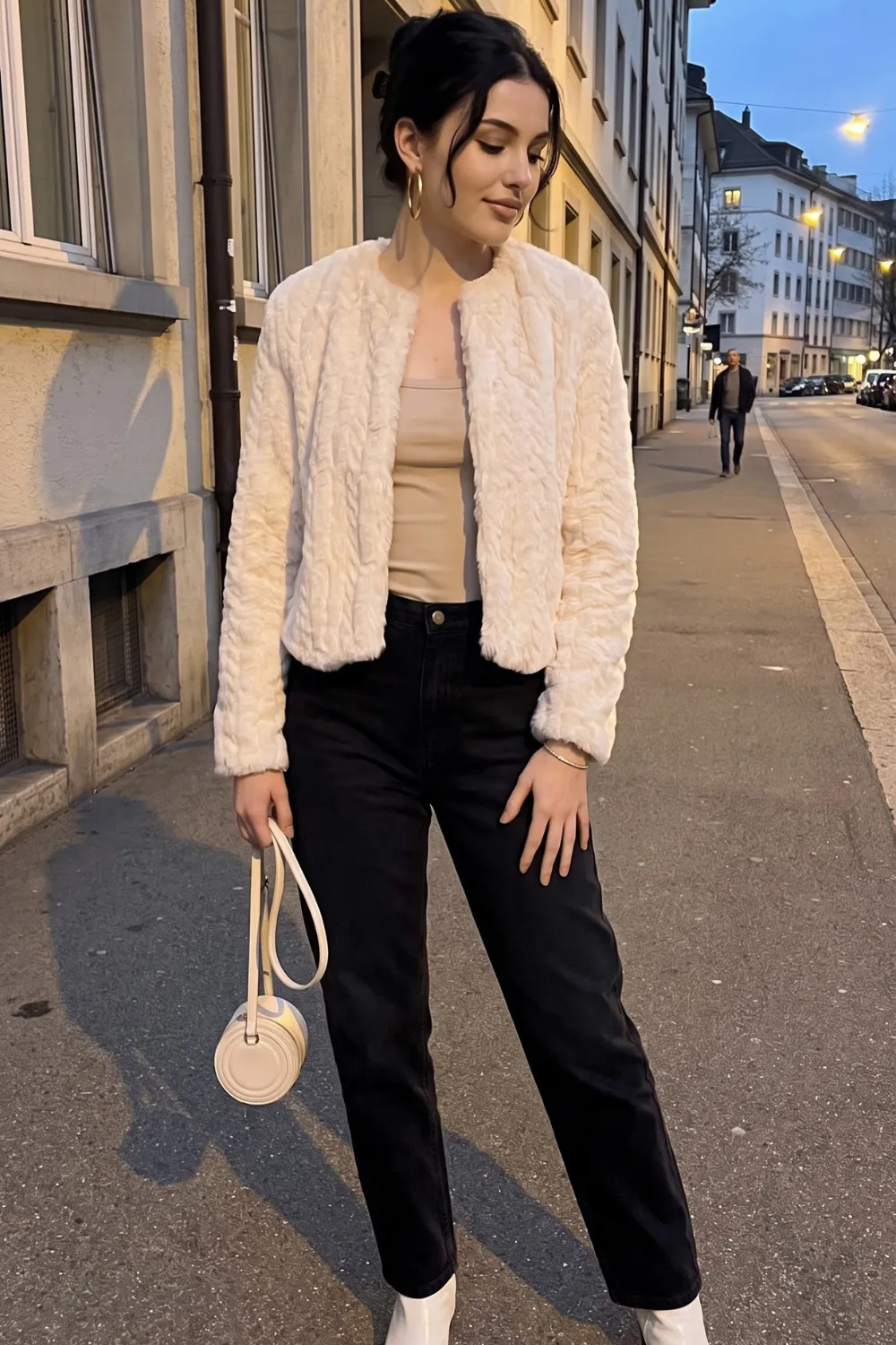 Woman in cream faux fur cropped jacket with black straight jeans and white boots
