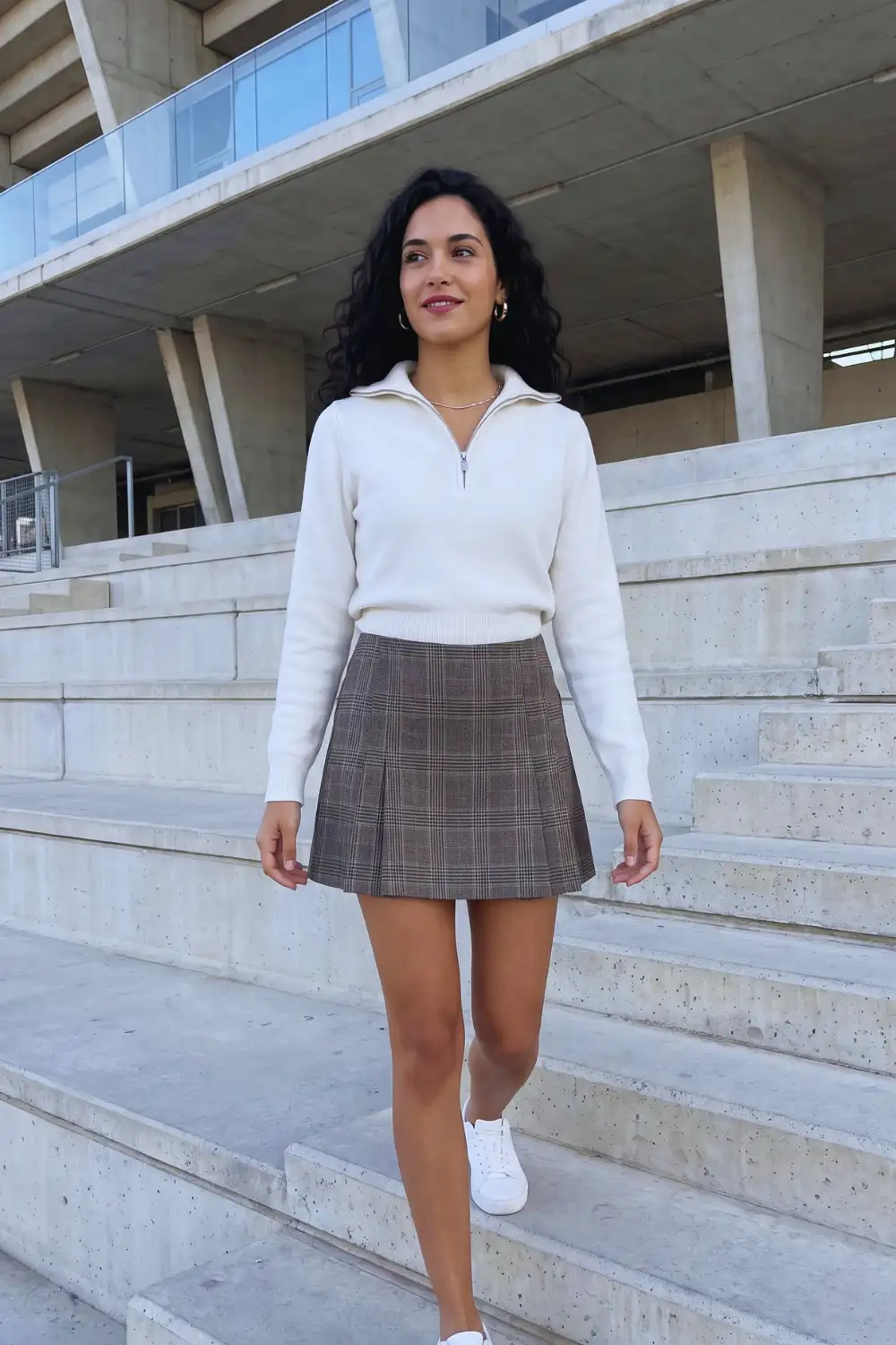 Woman in cream half zip sweater with grey brown plaid pleated mini skirt and white sneakers