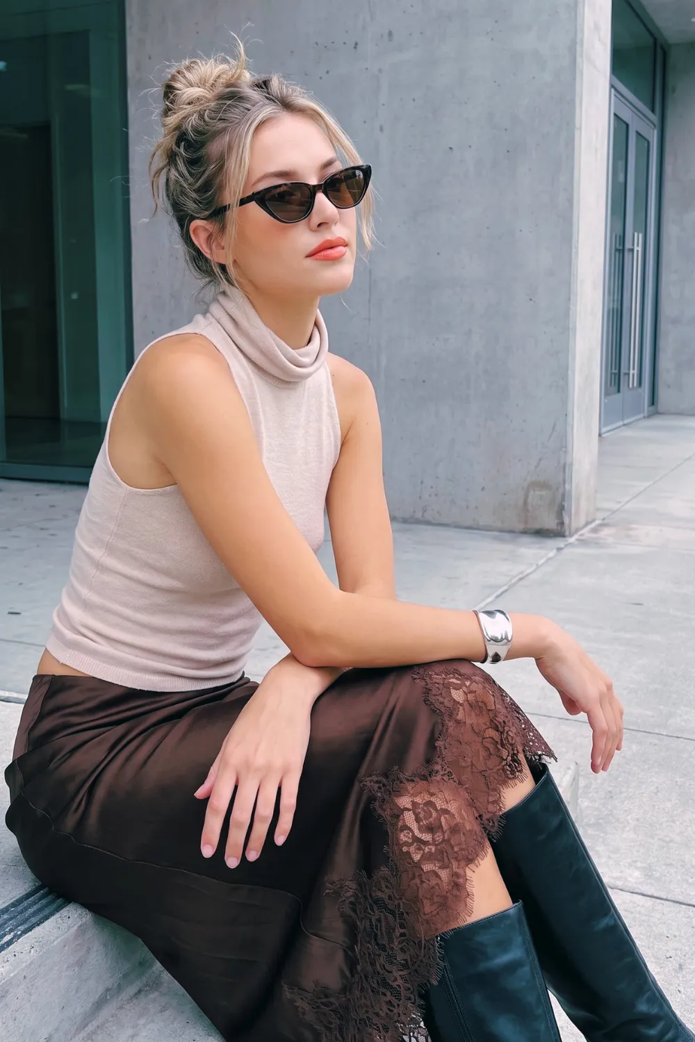 Woman in cream sleeveless turtleneck knit crop top and dark brown satin lace hem midi skirt with black knee high boots