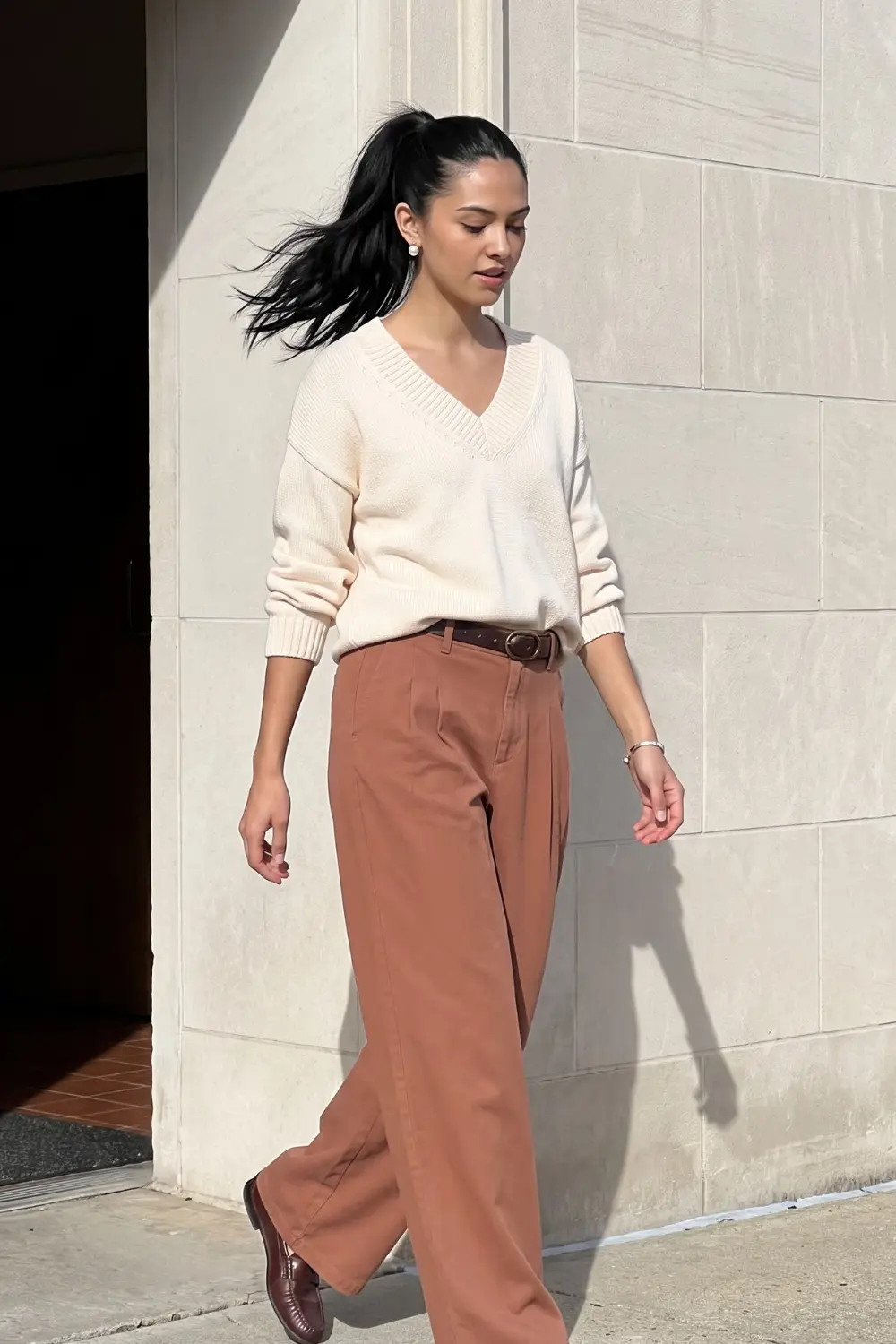 Woman in cream ivory oversized v-neck knit sweater with terracotta rust wide leg belted trousers