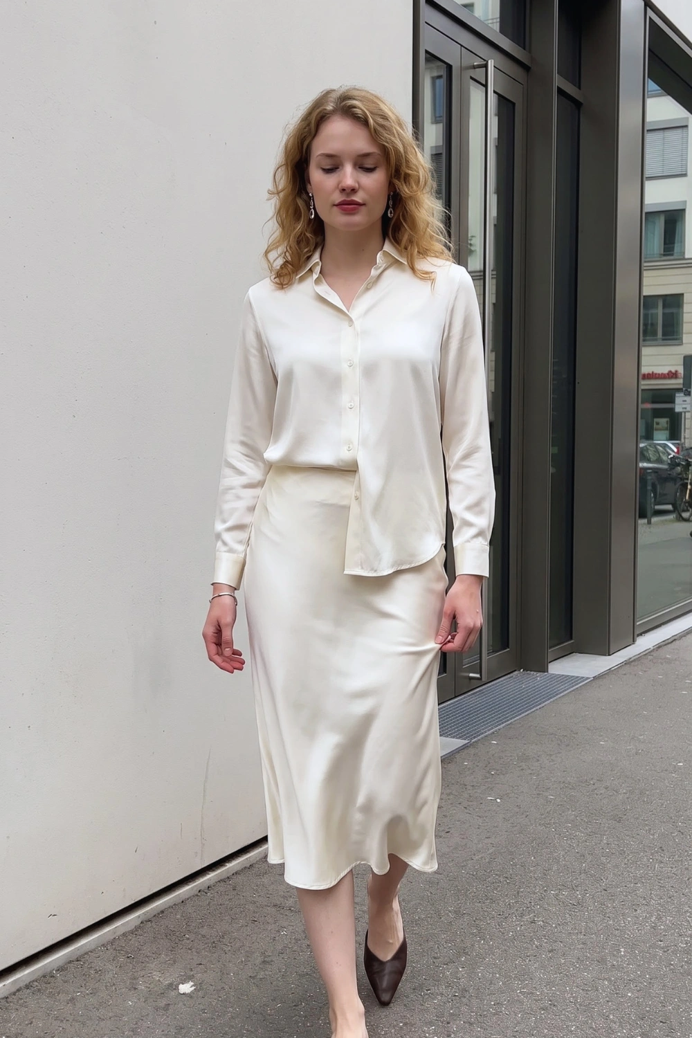 Woman in cream ivory satin button down shirt with cream satin bias cut midi skirt