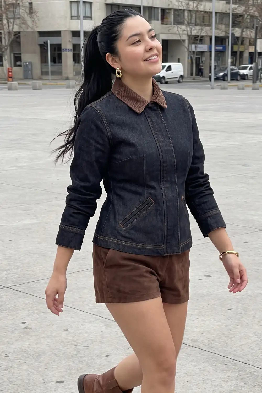 Woman in dark denim fitted jacket with brown corduroy collar and brown suede mini shorts