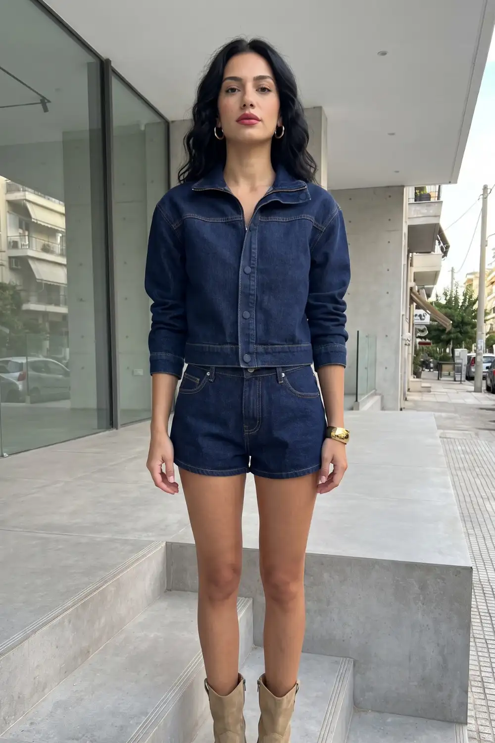 Woman in dark navy denim jacket and shorts co-ord with tan cowboy boots
