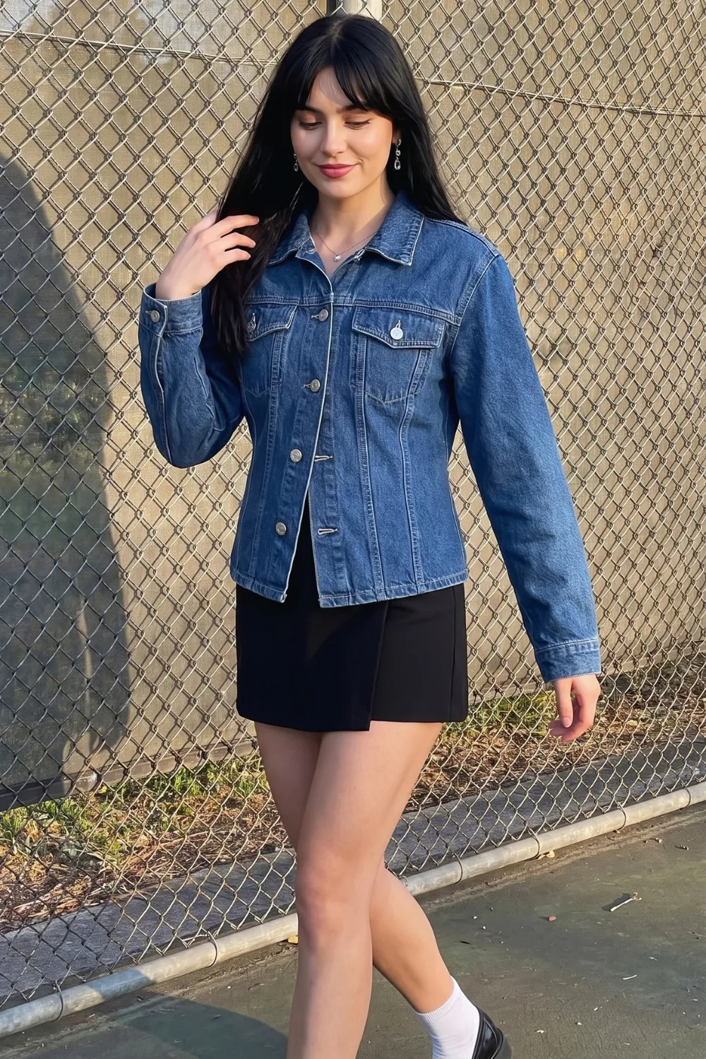 Woman in blue denim jacket with black mini skirt white socks and black loafers