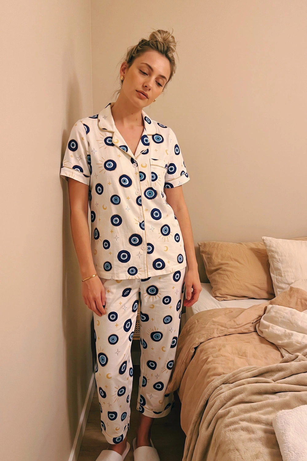 Woman in cream white evil eye print short sleeve button down shirt and cropped wide leg pants pajama set