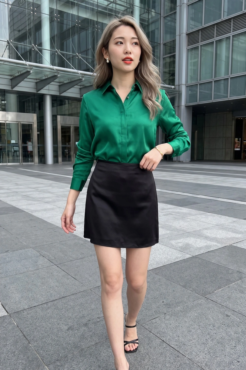 Woman in emerald green satin button down shirt with black satin mini skirt