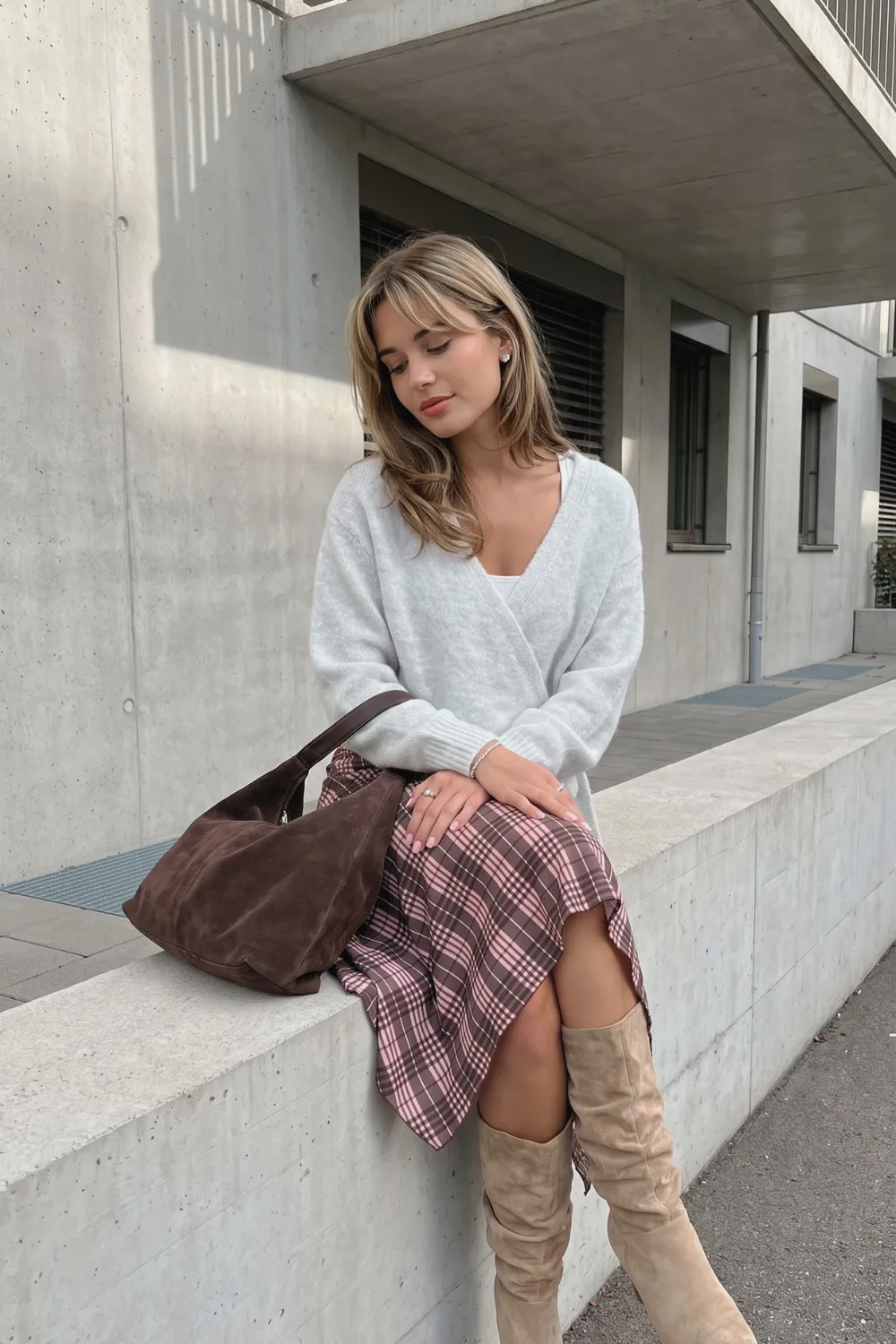 Woman in grey oversized knit sweater with pink brown plaid midi skirt and beige knee high boots