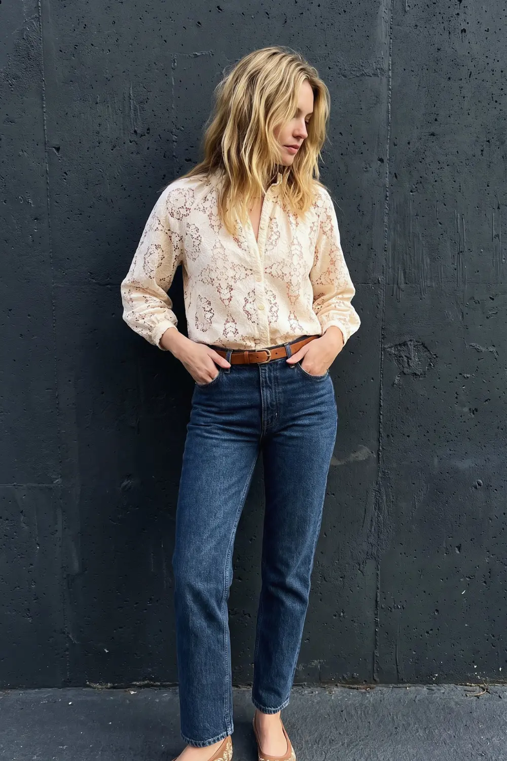 Woman in cream floral lace button down shirt and dark blue straight leg jeans