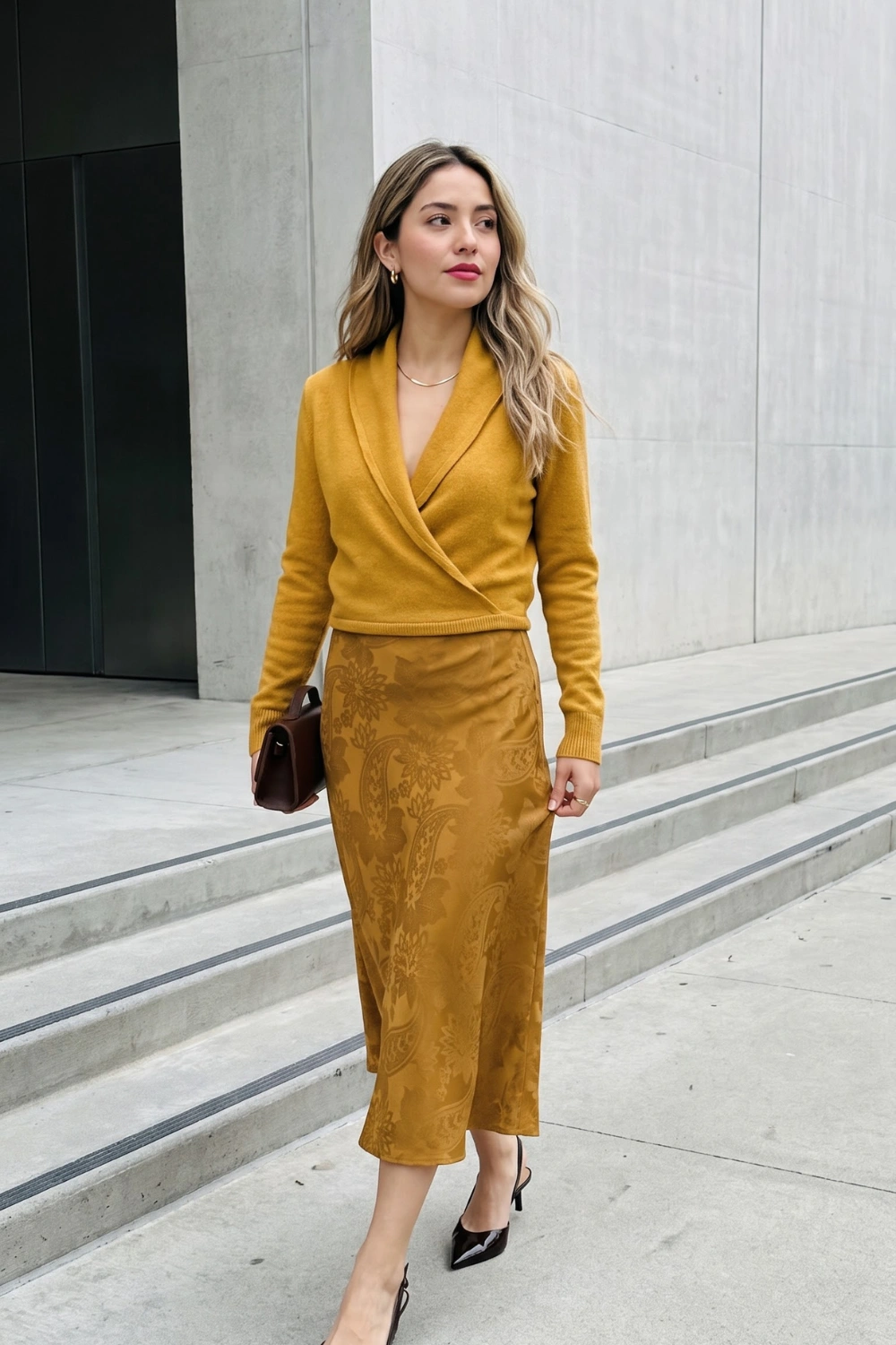 Woman in mustard yellow wrap knit sweater and mustard paisley jacquard satin midi skirt