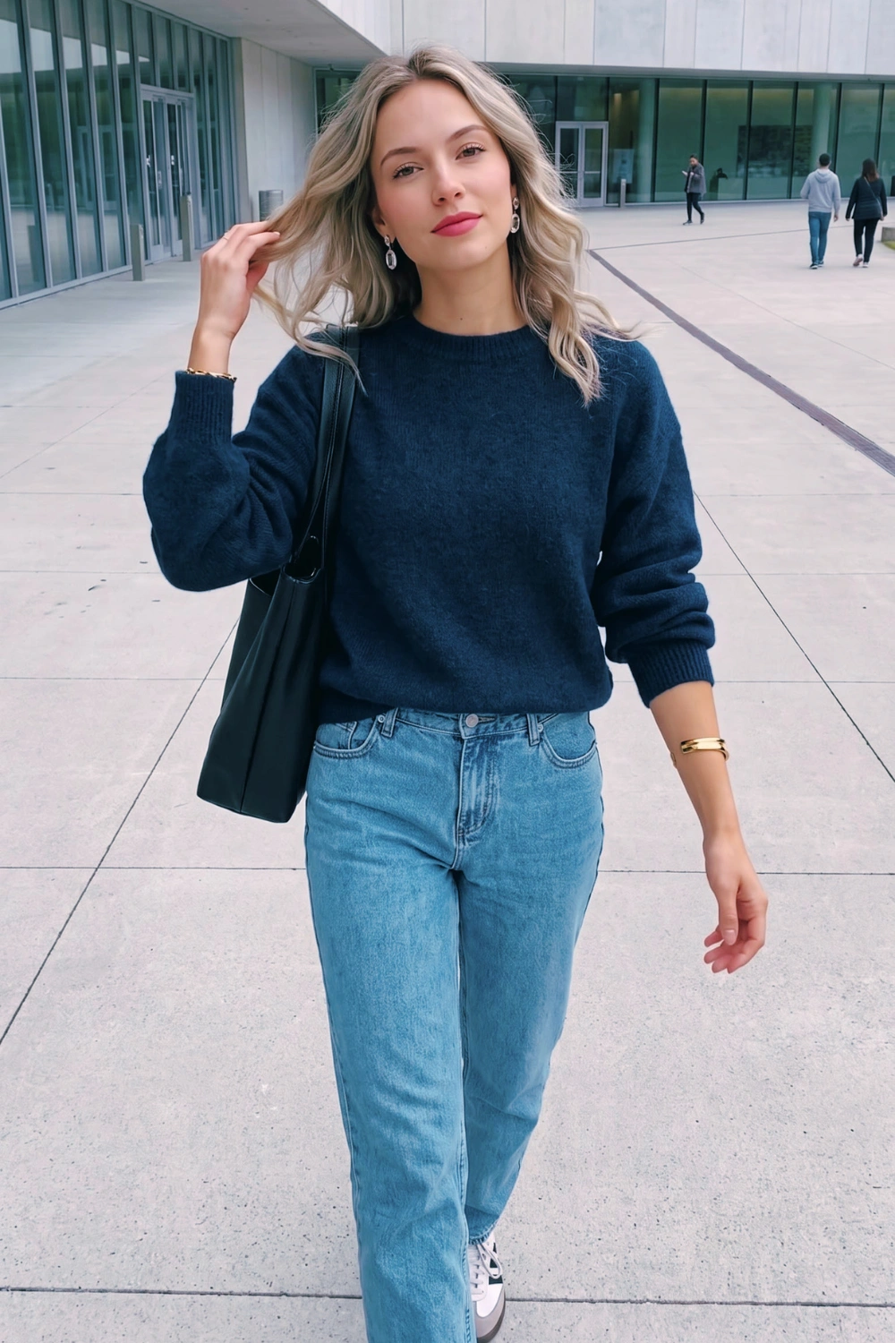 Woman in navy blue crew neck knit sweater with light wash straight leg jeans