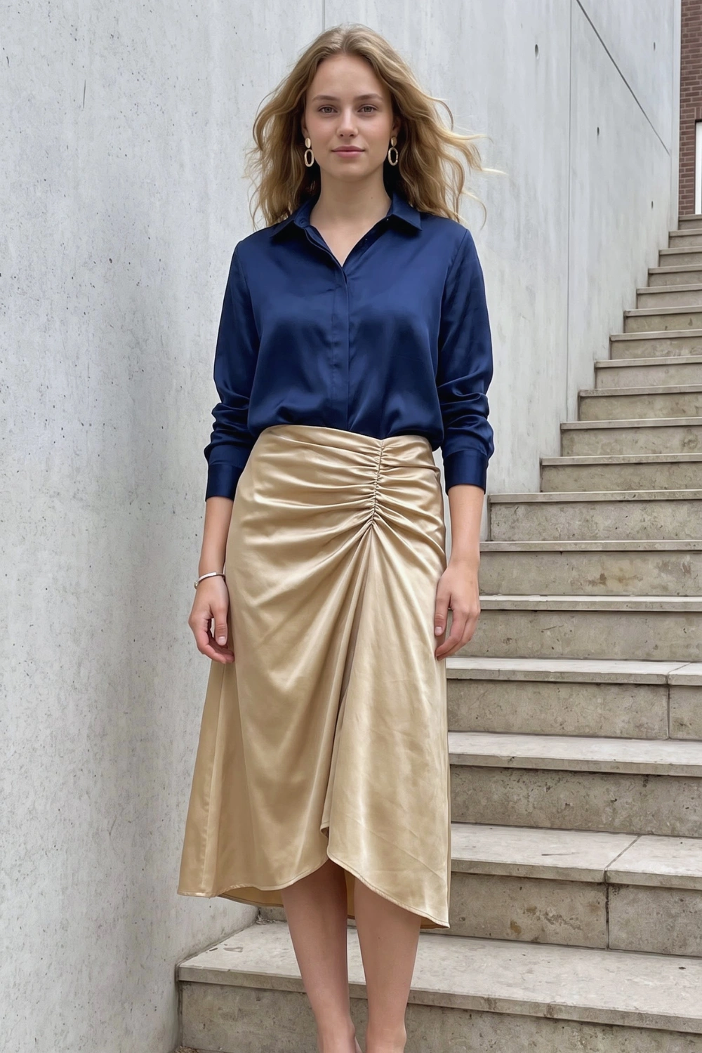 Woman in navy blue satin button down shirt with gold champagne satin ruched midi skirt