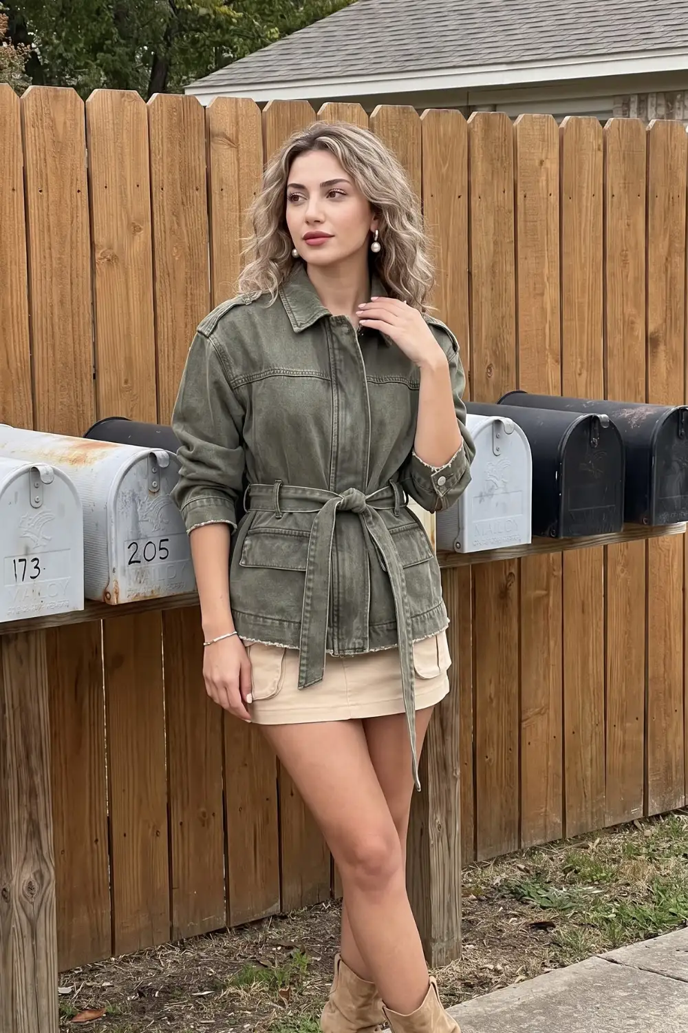 Woman in olive green belted utility denim jacket with beige cargo mini skirt and tan boots