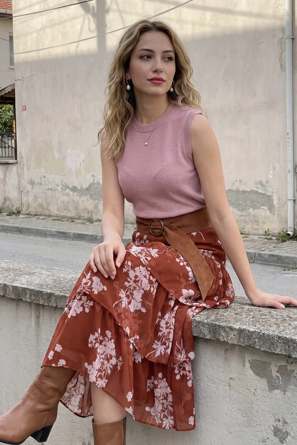 Woman in dusty pink sleeveless knit top and rust brown white floral tiered ruffle midi skirt with brown knee high boots