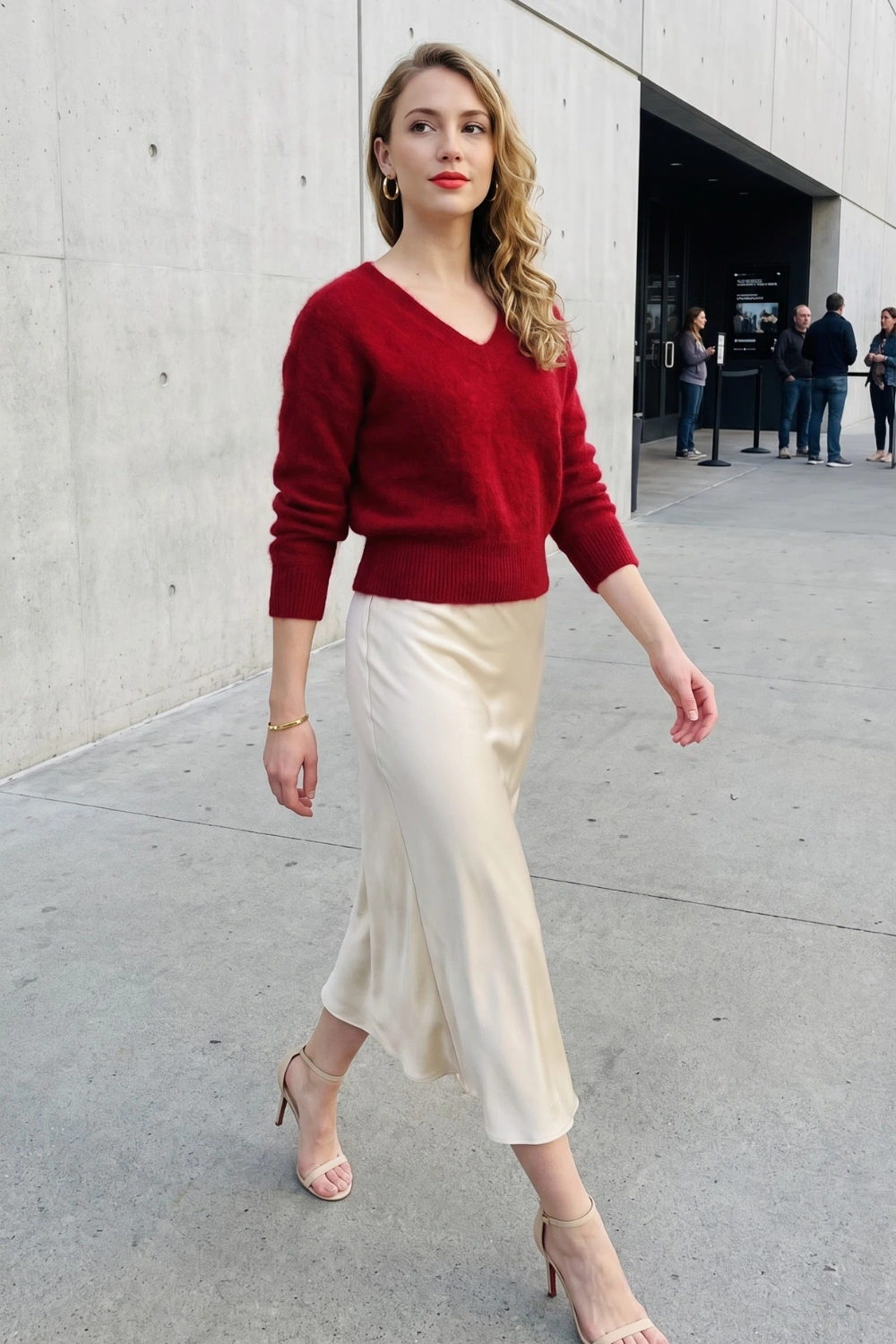 Woman in red cropped v-neck knit sweater with cream satin bias cut midi skirt