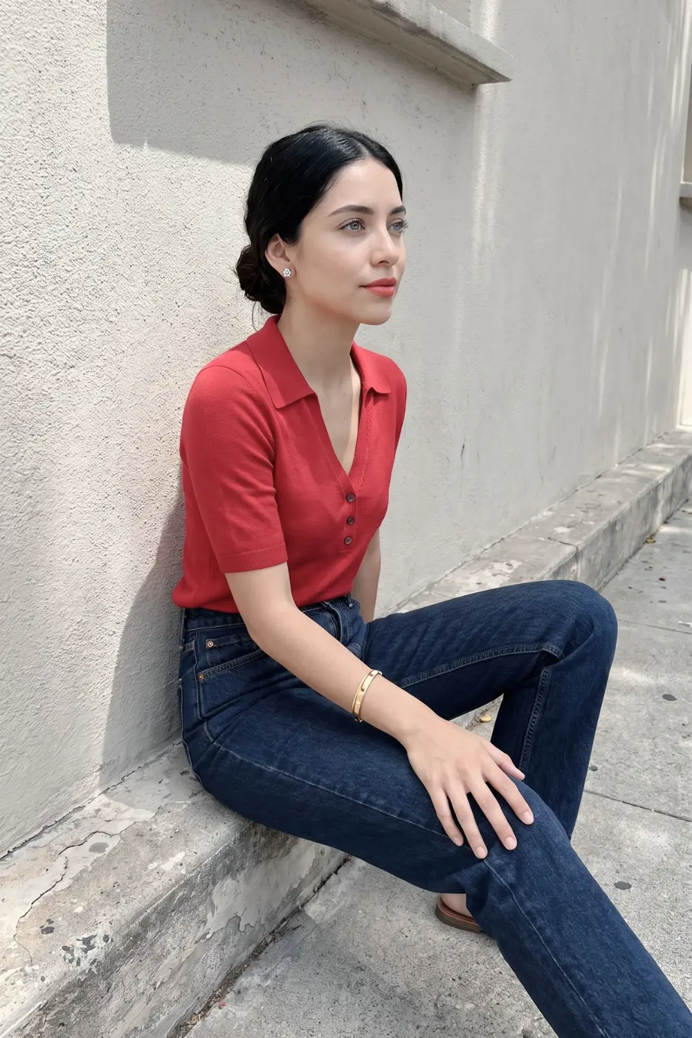 Woman in red short sleeve v-neck polo knit top with dark navy wash high rise straight leg jeans