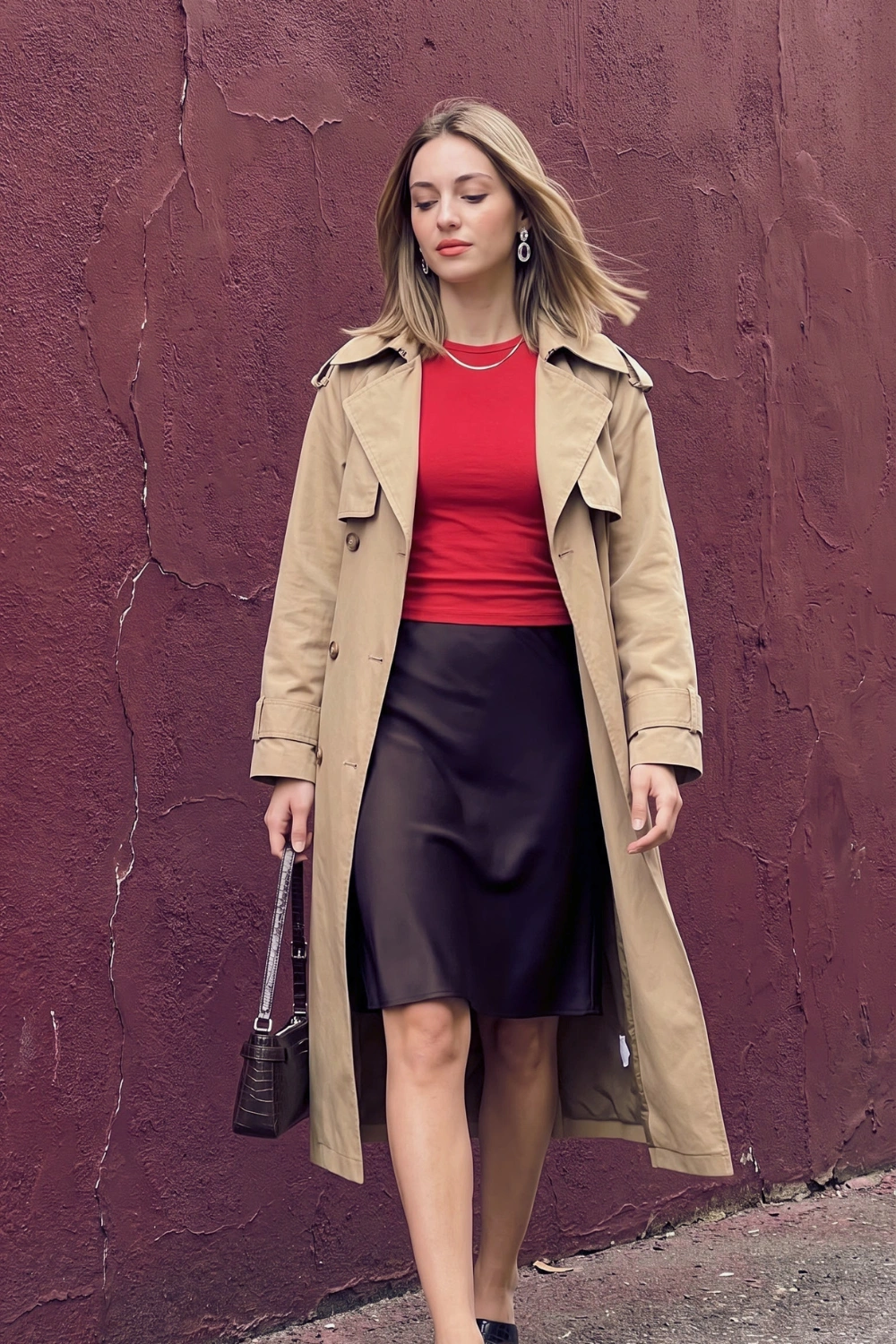 Woman in red top black satin midi skirt and beige trench coat