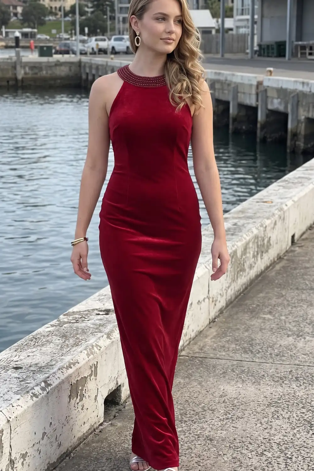 Woman in red velvet halter neck beaded collar fitted maxi dress